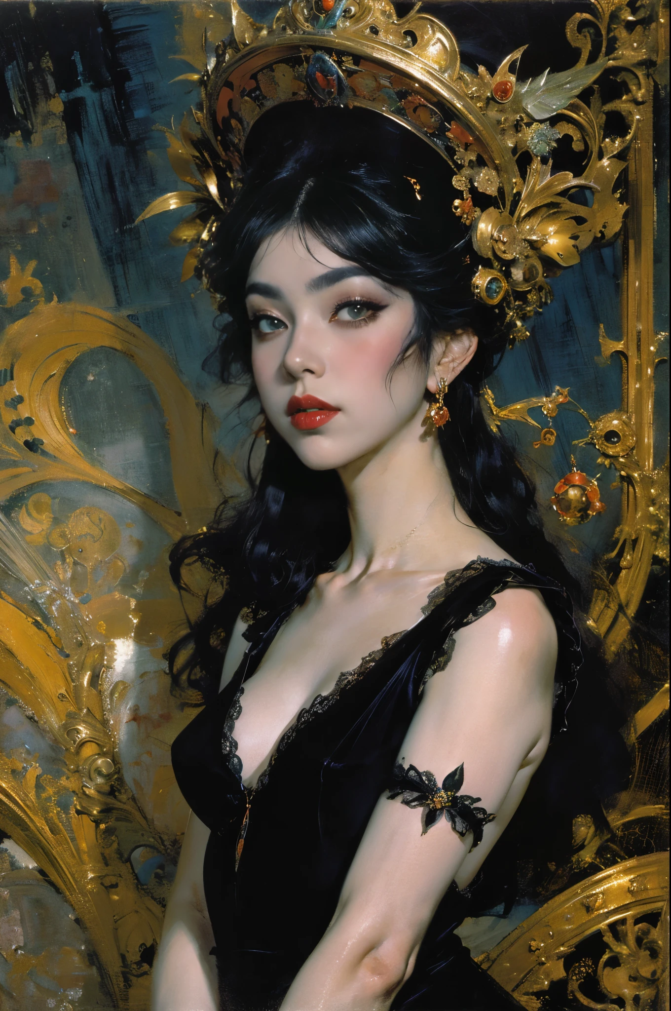 her black hair, luxurious, serrated, It fell gracefully onto her shoulders and flowed gently across her face., Framed with glamour..