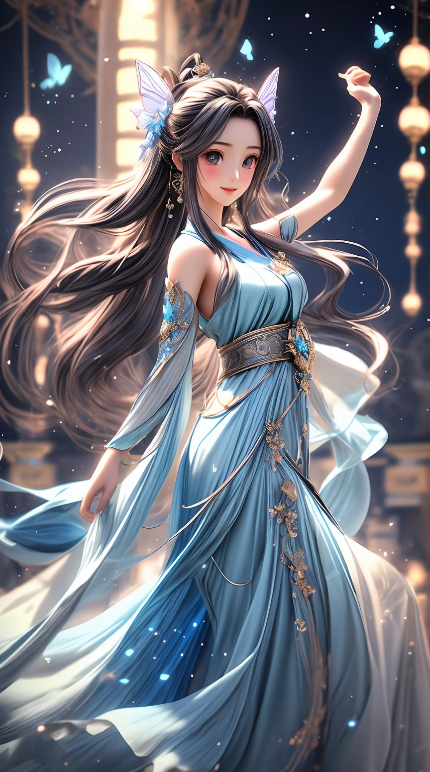 Fairy air fluttering, a beautiful girl in ancient style, with flowing long hair, traditional water blue Hanfu, sweet smile, holding water blue flowers in hand, big eyes, dancing around the flowers, butterflies, 3D animation rendering, symmetrical center position, detailed background, exquisite scene portrayal, exquisite character portrayal, ultra fine details, dreamy, beautiful, soft lighting, exquisite wallpaper- --ar 9:16 --niji 5