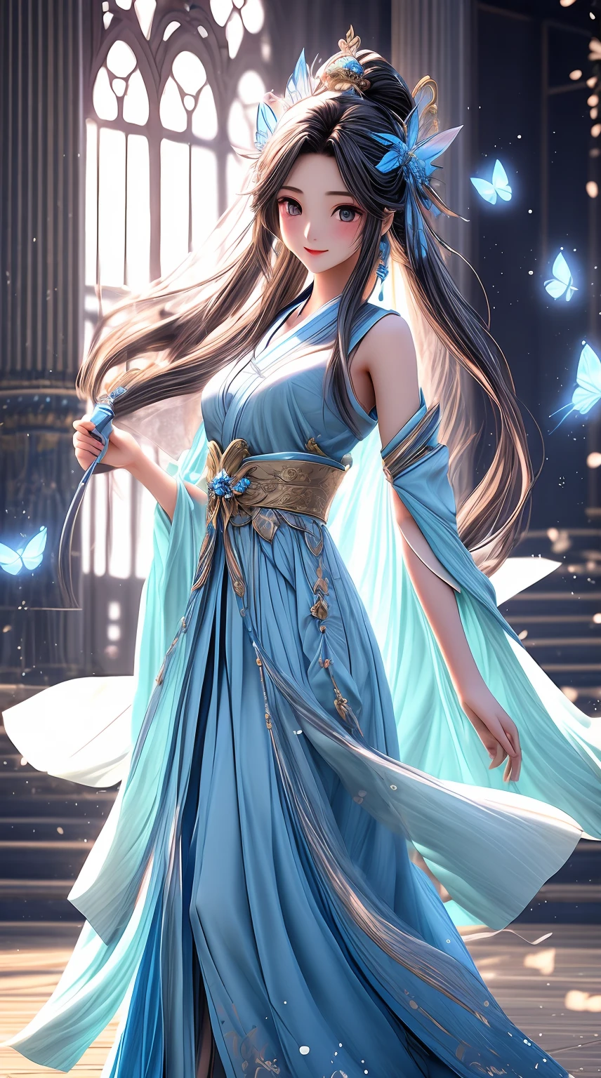 Fairy air fluttering, a beautiful girl in ancient style, with flowing long hair, traditional water blue Hanfu, sweet smile, holding water blue flowers in hand, big eyes, dancing around the flowers, butterflies, 3D animation rendering, symmetrical center position, detailed background, exquisite scene portrayal, exquisite character portrayal, ultra fine details, dreamy, beautiful, soft lighting, exquisite wallpaper- --ar 9:16 --niji 5