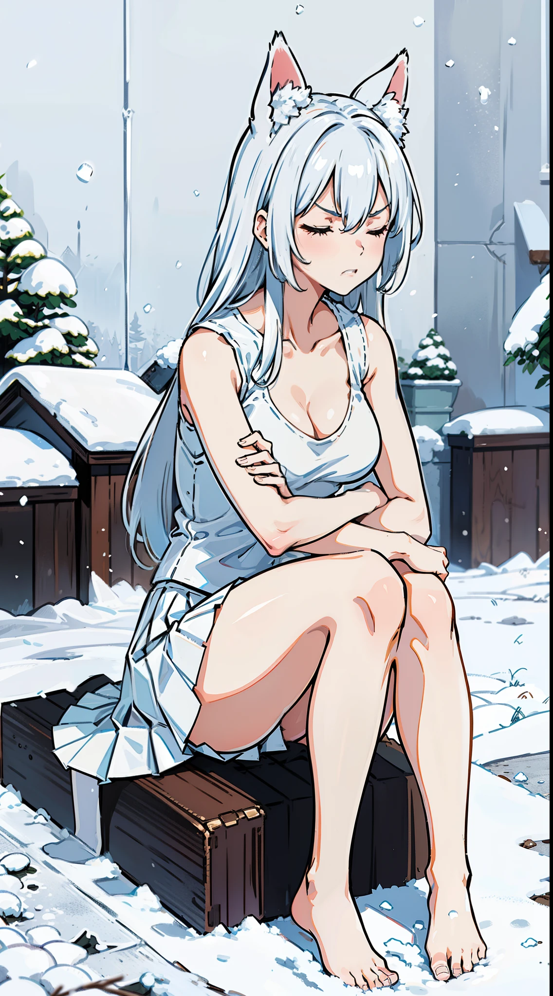 1girl,solo,medium breasts,mature female,((white sleeveless and shoulderless t-shirt,cleavage)),(((white pleated skirt,bare feet))),silver hair,long hair,closed eyes,fox ears,((sitting in floor,snow,in forest,fetal position)),(((looking away,angry))),crossed arms