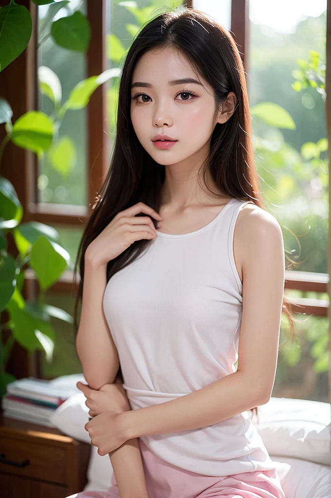 ((bestquality)), ((masterpiece)), (Detailed), perfect face,The most beautiful and cute Thai girl,very long hair,Milky white water,sperm,Pink Bedroom