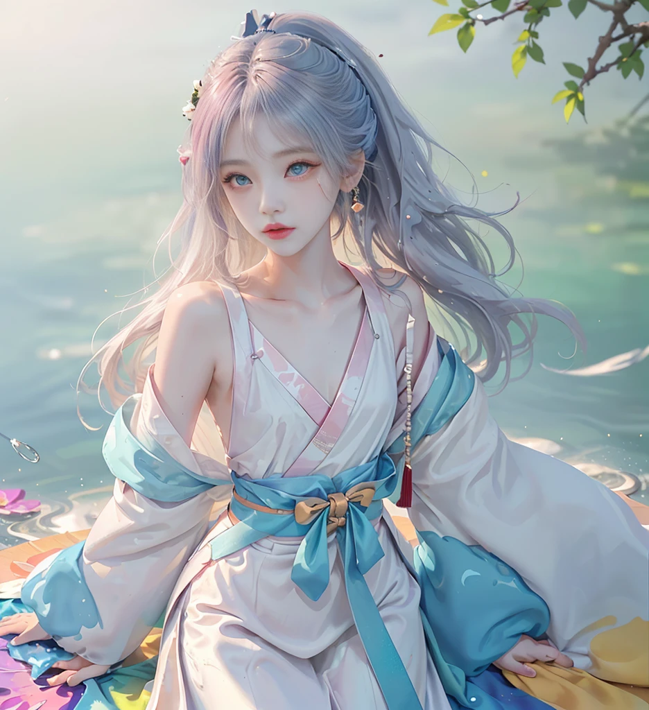 (((​masterpiece))), top-quality、ultra-detailliert、Very beautiful CG Unity 8k wallpaper、Best Illustration、Extremely delicate and beautiful、Planktonic、hight resolution、Dynamic angles、Dynamic Poses、(1人の女性)White martial arts uniform、Neck ribbon、beautiful countenance、Many drops of water、​​clouds、Dim light、Wide Range Shots、Watercolor effect