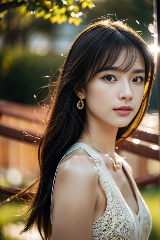 (Photoreal Stick:1.5, masutepiece:1.5, 8K), (top-quality, masterpiece, 超A high resolution), (Face Sharp Focus:1.3), Professional camera work:1.2, Highly detailed skin and facial texture:1.3, Grow Light Effect, The ultra-detailliert:1.3, 1girl in, Fair skin, (Sense of clarity:1.5), Extremely beautiful face:1.3, Sense of clarityを感じる目:0.9, looking distantly, Enraptured look:1.0, i love you completely:0.8, slightly open mouth:0.4, Sense of clarityを感じる口当たり:0.7, 二重まぶた, Dark brown medium hair, necklace and earrings, looking at viewert, (Intense sunlight:1.4, Sunlight pouring down from above:1.4, Strong sunlight spreads across the screen:1.4)