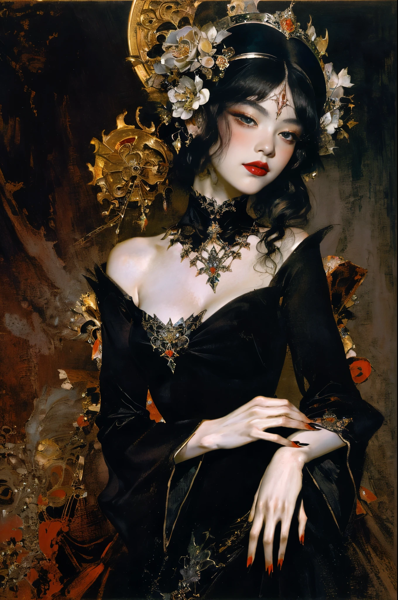Mono Color,weight,NSFW,Upper body,A nude devil woman with a black and white body stocking dress holding a red lip stick,Satan,succubi,eBlue eyes,Clothes detailed patterns,lacivious pose,spread legitimacy,Detailed Gothic background,dark fantasy background,Inspired by Robert McGinnis, Inspired by Gretel Stern, Takato Yamamoto’s style, Guido Crepax, Guido Crepax-style, Amano, Vanya Zoravlev, inspired by Leonor Fini, Nagao Hidege, Inspired by Takato Yamamoto.Inspired by Klimt and Mucha. beautidful eyes, beautiful detailed lips, Extremely detailed eyes and face, Long eyelash quality:1.2), ultra - detailed, (actual:1.37), oil painted, Color contrast, A high resolution, Black and white dress, red lip stick, Inspired by Robert McGinnis, Inspired by Gretel Stern, Yamamoto Takashi style, Guido Crepax style, Amano-inspired, Vanya Zoravlev-inspired, Leonor Fini&#39;of inspiration, Nagao Hidege-inspired, Inspired by Takato Yamamoto, vibrant with colors, dramatic lights, eye-catching composition, fun atmosphere, Feminine elegance.Faki，oil painted，Impresionismo