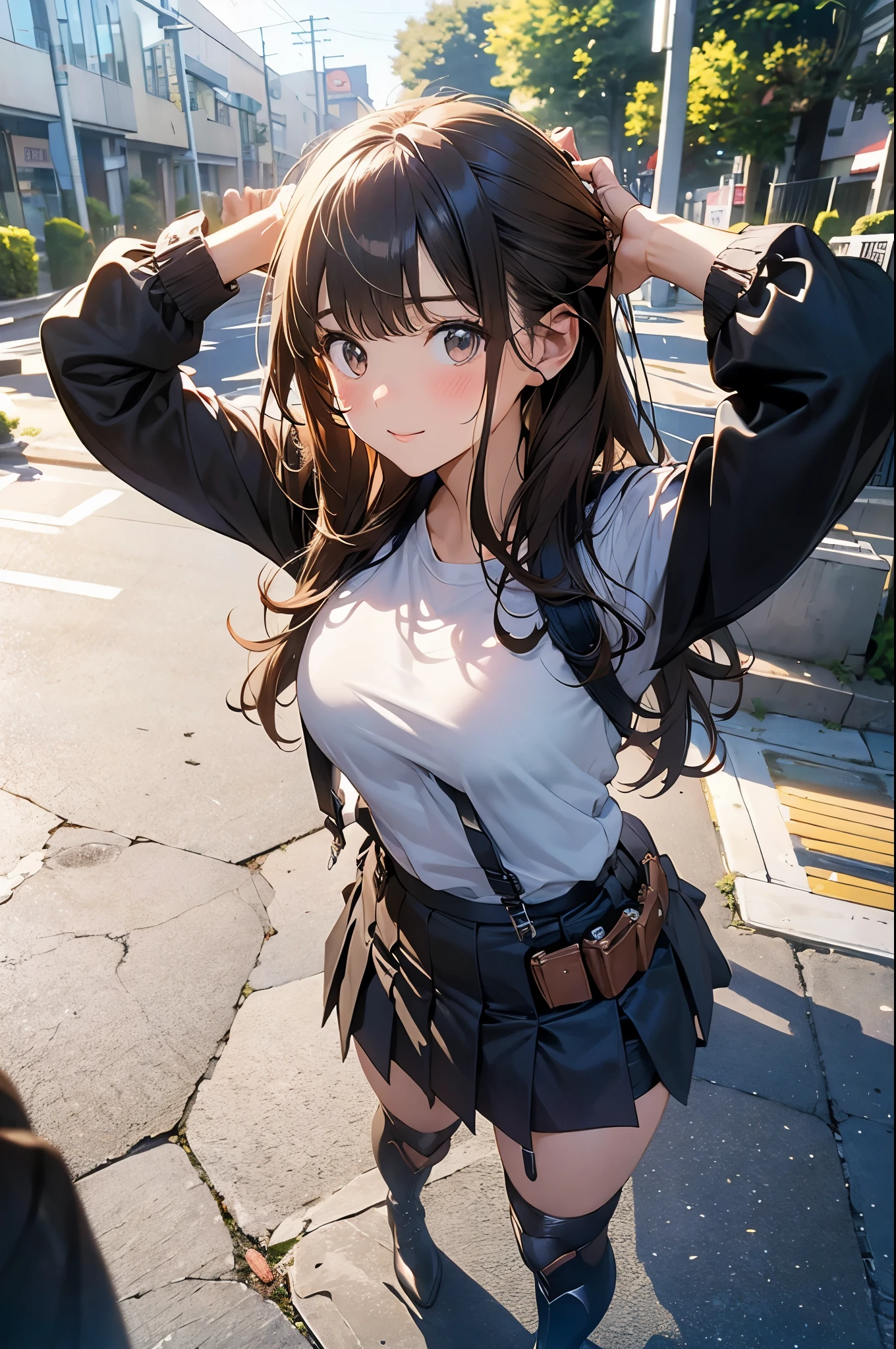 Brown hair、watching at viewers　　　black suspenders　　　Bulging big breasts　　 　 　　　walls: 　Black miniskirt　garters　　　　　　Gaze　　　Small face　bangss 　　　holster　　　Beautuful Women　　hands up　　レッグholster ベッドに横たわる　　Gaze 　black boots panty shot　provocation　flank　flank汗　soio 　arm　inside of a car　Fold your hands behind your back　a belt