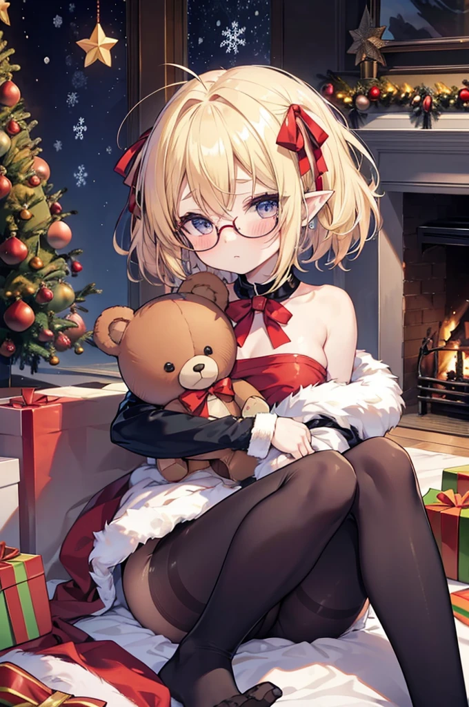 ultra detailed, best quality, high resolution, ((16k)), ((1girl)), pale skin, petite, (glossy blonde hair:1.5), (very short hair:1.5), blue eyes, (ahoge:1.3), (glasses), pointy ears, (blush:1.3), medium breasts, (santa costume), full body, ((room with fireplace)), (Christmas tree:1.5), ((lie on back on the floor)), ((sleeping)), ((chibi:1.3)), (forehead:1.3), (thick eyebrows), 
 ((hair red ribbon)), ((hugging a teddy big bear)), ((single short braid:0.8)), ((pantyhose)), ((sparkling background))