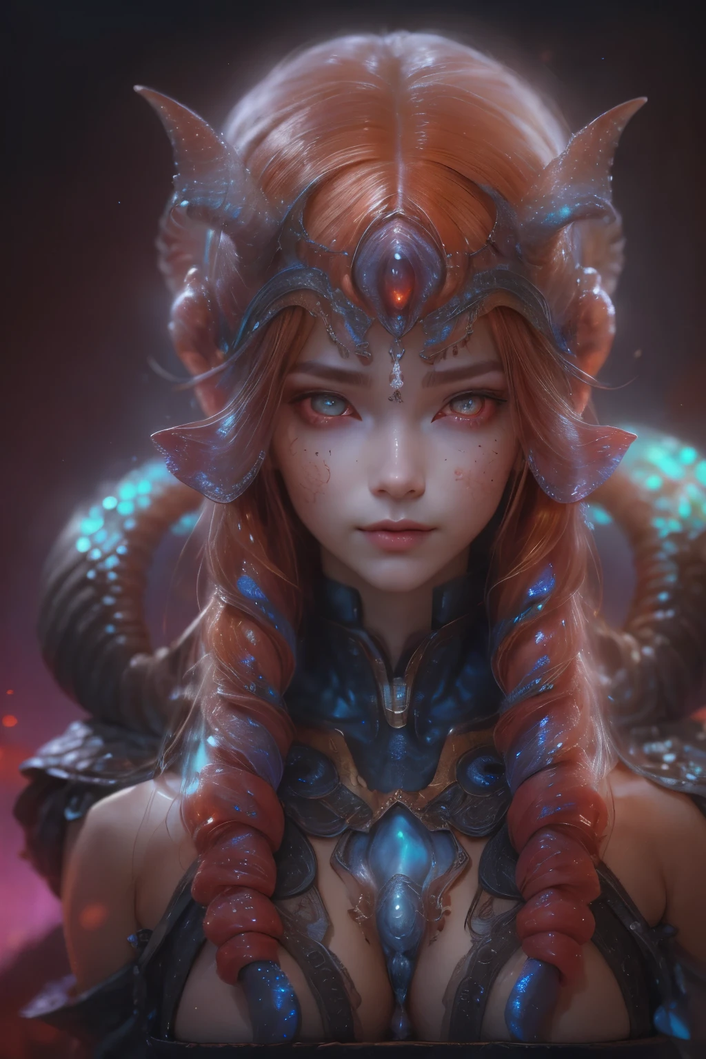 Portrait, (beautiful female alien:1.2), (There is a female genital-like organ in the middle of the forehead:1.8), (The most beautiful face in the history of the universe:1.2), (scarlet eyes:1.6), (Translucent skin:1.8), an evil gaze that seduces , (red eyes:1.5), Full body like, (sexypose:1.5), alien, No humans, cells are fused, (Lots of translucent tentacles:1.1) (Translucent skin:1.3), extraterrestrial, cell, bio image, 魅惑的, Best Quality, 8K,4K_quality, high definition, Dramatic Lighting, masutepiece:1.5,cinematic quality, detail up, (Intricate details:1.2), high resolution, High Definition, drawing faithfully, (Thick eyebrows:1.2), Beautiful eyes with fine symmetry, (Ultra detailed eyes:1.2),(Highly detailed face and eyes:1.2), (High-resolution red-eye:1.4), Intimate face, (Super detailed skin quality feeling:1.4), Perfect Anatomy, (Beautiful toned body:1.5), (Moist skin:1.2), No makeup, (dark circles:1.1), long canines, cinematic drawing of characters, ultra high quality model, cinematic quality, detail up, (Intricate details:1.2), high resolution, High Definition, drawing faithfully, Official art, Unity 8K wall , 8K Portrait, Best Quality, Very high resolution, ultra detailed artistic photography, midnight aura, unreal engine 5, Ultra Sharp Focus, art by alberto seveso, ArtGerm, Roisch, intricate artwork, Medusa, best quality, masterpiece, ultra high resolution, (photos realistic:1.4), Ultra-realistic realism, dream-like, nautilus, Creation of fantasy, Snail, Dream Snail, biopunk nautilus, thrilling color schemes, Ultra-realistic realism, seductively smiling, blue tentacles