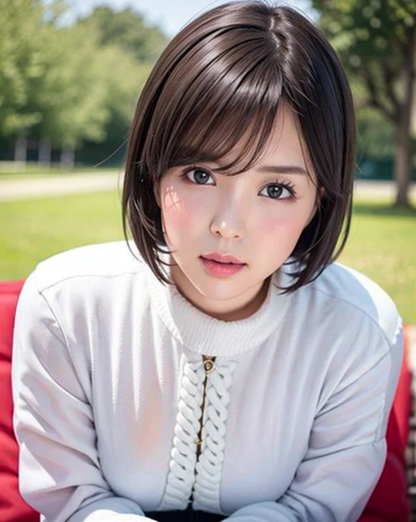 pureerosface_v1:0.3, best quality, photorealistic, 8k, high res, full color, 1girl, woman, 20 years old woman, closed mouth, (skindentation), (portrait:0.6), trees, park bench, daylight, ((park background:1.52)), full color, ((necksweater:1.68)), looking at viewer:1.8, (1girl eyes looking at viewer:1.55), (medium-length hair, brownhair, partedbangs:1.45), (bokeh),