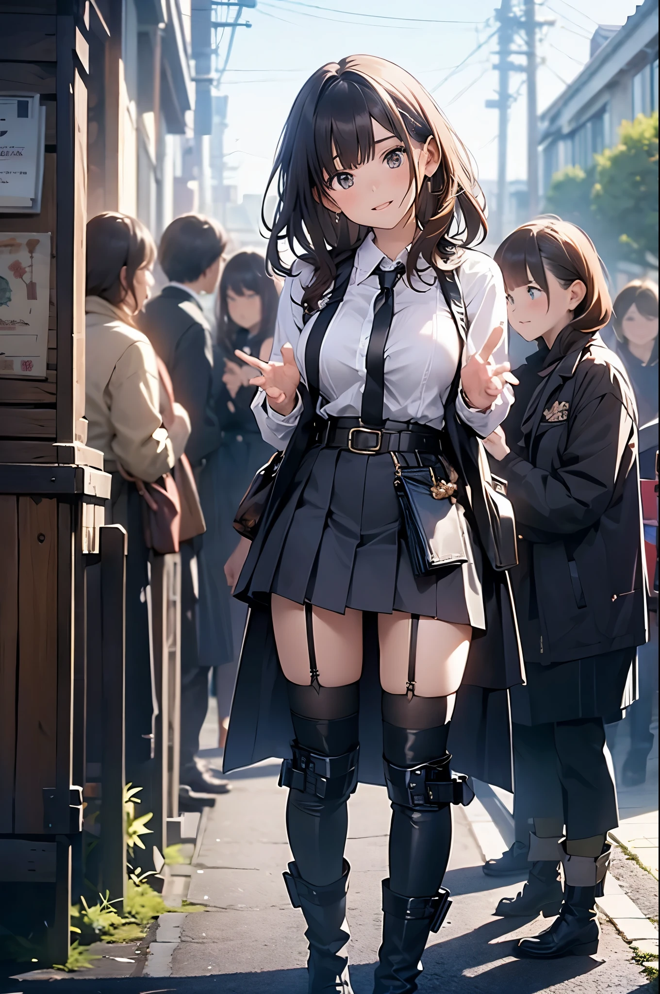 Brown hair、watching at viewers black suspenders Bulging big breasts walls: Black miniskirt garters Gaze Small face bangss holster Beautuful Women hands up レッグholster ベッドに横たわる Gaze black boots panty shot provocation flank flank汗 soio arm inside of a car Fold your hands behind your back a belt
