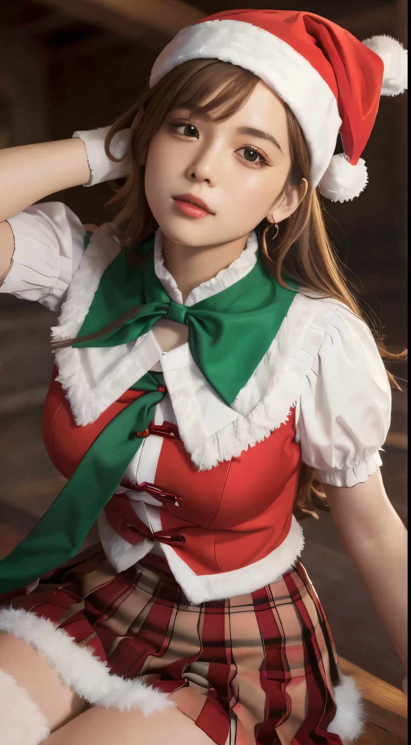 top quality, masterpiece, 16K, hiper realistic, beautiful girlsitting in the gift shop, open her legs, (from below:1.6),
BREAK (white and red theme:1.5), (santa-claus hat:1.3), (wearing a (red vest:1.1) over a white collared-blouse:1.4), ((puff sleeves, short sleeves):1.3), (white thighhighs:1.3), (sheer red Evening gloves with lace detailed embroidery:1.3), (white fluffy fur:1.2), (red platform HIGH boots:1.1),
BREAK (red and green theme:1.4), (green tie:1.4), ([red and green [plaid pattern]] pleated skirt:1.4), (green pleated skirt:1.1),