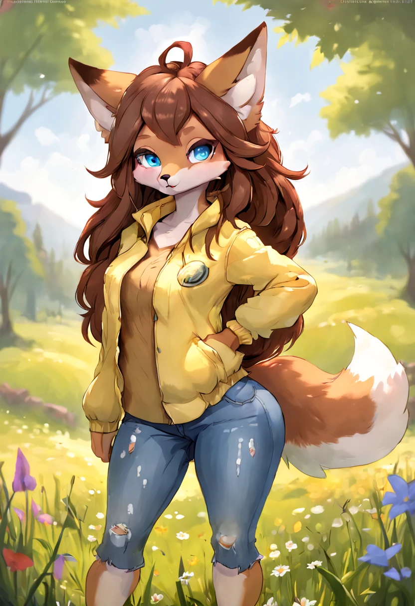 Ultra-high quality,4k,8k, Anthropomorphic fox, female, furry and fluffy with high details, long brown hair, have a blue eyes and ultra-detalled, have a defined body, wearing a yellow jacket, wearing short blue jeans, standing in grass and in the background a meadow, art style 2d.