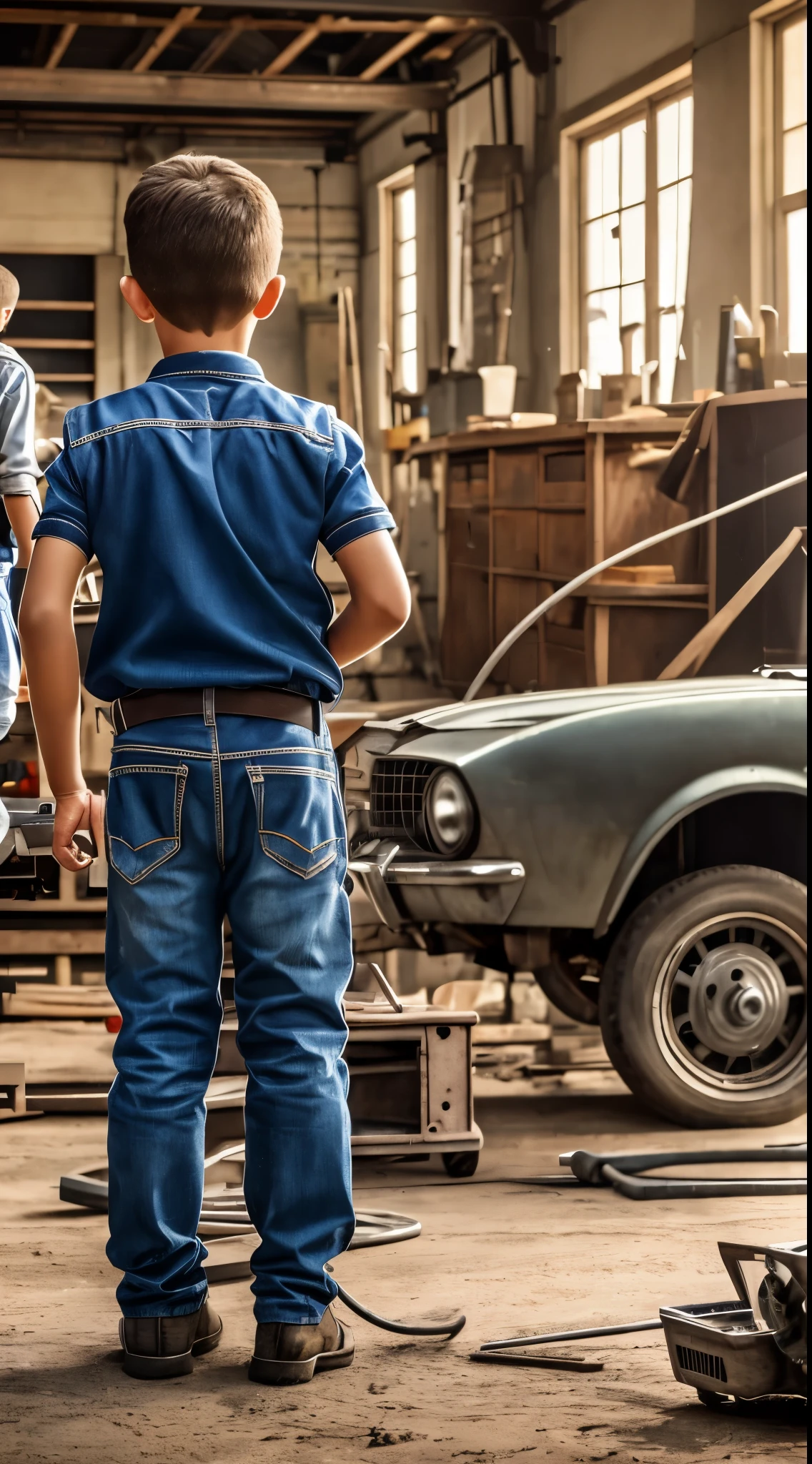 Man repairing car engine, a little boy stands next to him, a little boy stands with his back in the frame, boy watches man work, Workshop in the background, 8K, super realism, Very High Definition, great quality, ultra quality, High-quality model