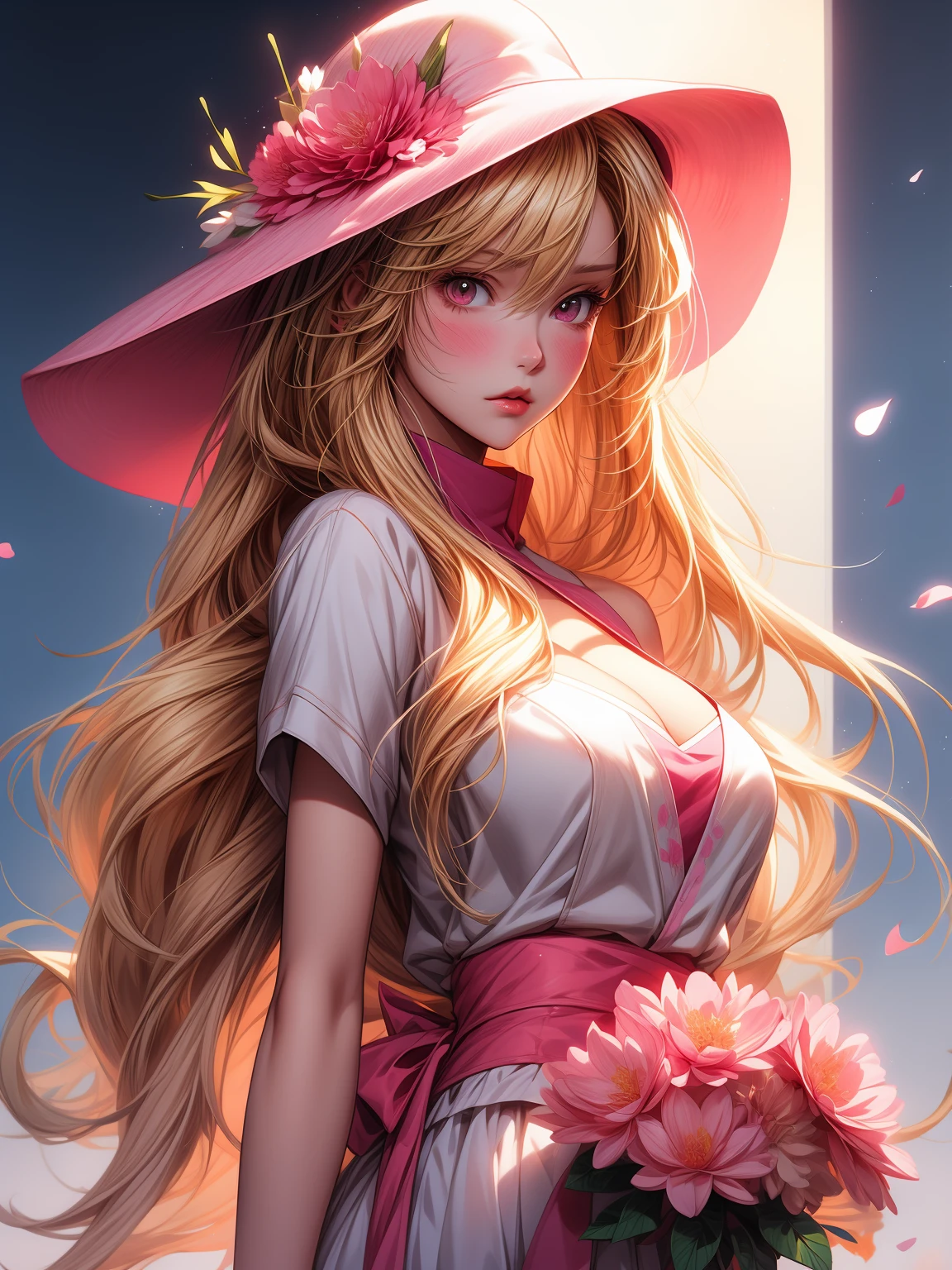 blond haired girl with pink flowers and a pink hat, artwork in the style of guweiz, guweiz, guweiz on pixiv artstation, guweiz masterpiece, guweiz on artstation pixiv, inspired by Yanjun Cheng, 🌺 cgsociety, digital art on pixiv, detailed digital anime art, a beautiful artwork illustration