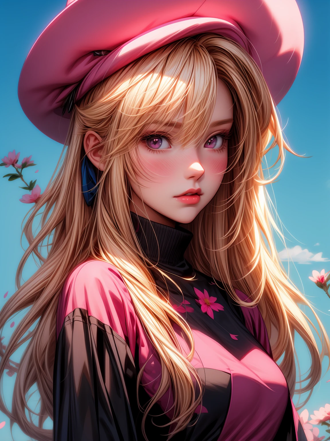 blond haired girl with pink flowers and a pink hat, artwork in the style of guweiz, guweiz, guweiz on pixiv artstation, guweiz masterpiece, guweiz on artstation pixiv, inspired by Yanjun Cheng, 🌺 cgsociety, digital art on pixiv, detailed digital anime art, a beautiful artwork illustration