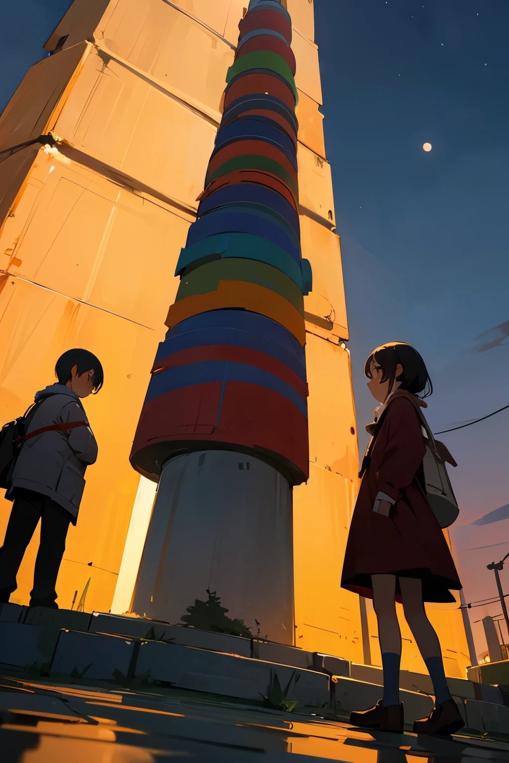 4 children around a Christmas tree, in the middle of a round square, Noite, setting sun