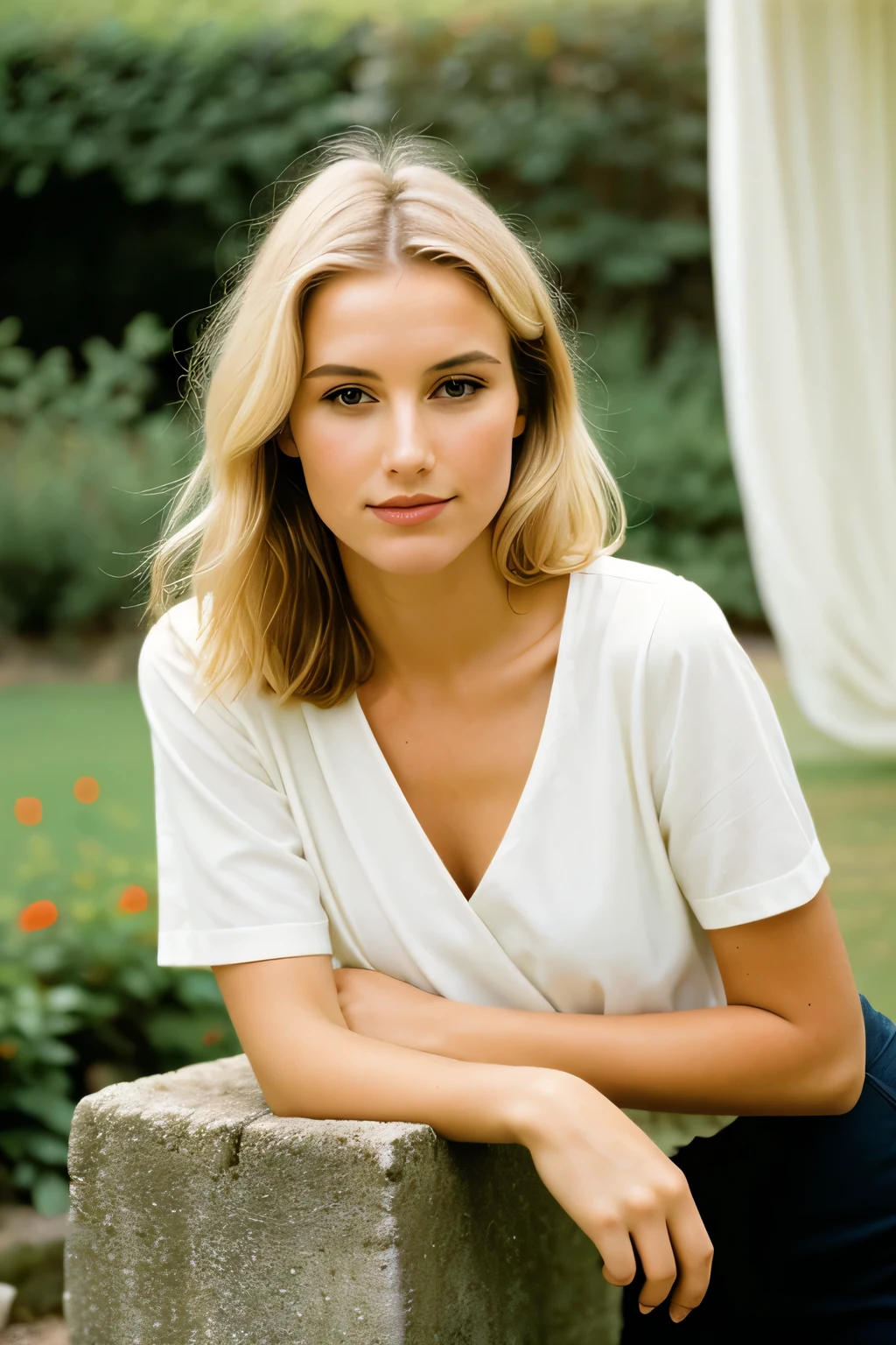 Photographie d'une femme, (expression faciale ambivalente), Peau texturée, chair de poule, cheveux tressés de sirène blond cendré, haut à col montant rayé avec une mini-jupe en cuir, Bas du corps, jardin zen ratissé minimaliste avec des roches et du sable soigneusement placé, Des yeux parfaits, (Ektachrome), Velvia 100 couleur, tourné avec le Leica T, Bokeh, Focalisation nette sur le sujet, photographié par Peter Lindbergh