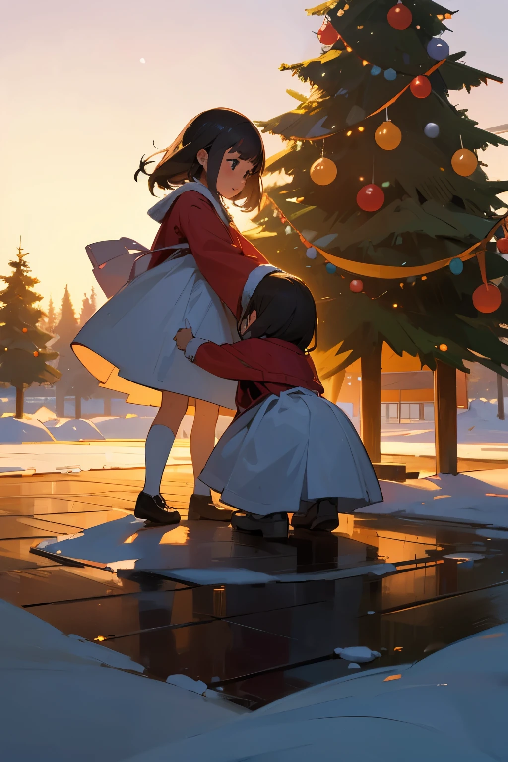 4 around a Christmas tree, in the middle of a round square, Noite, setting sun