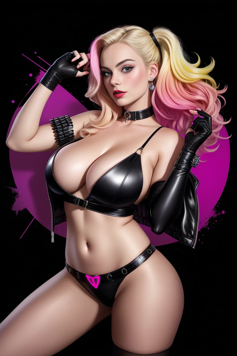 there is Margot Robbie as Harley Quinn standing, 3 d neon art of a woman's body, neon-noir background, cyberpunk femme fatale, seductive cyberpunk dark fantasy, cyberpunk strip clubs, cyberpunk 20 y. o model girl, oppai cyberpunk, banner, high definition cgsociety, cgsociety masterpiece, trending on cgstation, kda, random hair, looking at camera, gigantic breasts, cleavage, (high detailed skin:1.2), 8k uhd, dslr, super lighting, high quality, film grain, high res, highly detailed, hyper realistic, beautiful face, beautiful body, beautiful eyes nose lips, alluring expression, very bold, upper boobs visible, full body photo, standing legs apart, pale translucent glowing skin, most beautiful face, cute, (well defined pubic hair:1.2)), (dark plain black background:1.4))