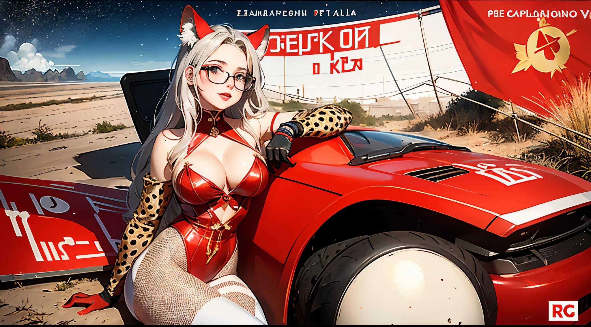 1girl,curvy_breasts, cute, beautiful detailed eyes, shiny hair, visible through hair, hairs between eyes, (Caucasian face, Europe face, eastern Europe girl), (USSR poster), (soviet poster), red monochrome, (soviet, communism, ((PROPAGANDA POSTER))), red_hair, monster girl, Cheetah girl, Cheetah ears, Cheetah tail, Cheetah texture skin, smiling, red_eyes, ((teenage)), (((furry))), good breasts, wearing black formal cloth Business,gloves, shoes, glasses, ((the USSR red letters on the poster)), weightlessness, Side light, reflection, The person in the spacesuit is at the bottom left of the frame, The right hand is outstretched, Space station in the upper right corner of the screen, Reflected light from the sun, Silver metal, red flag, (USSR style), diffuse reflection, Metallic texture, ((alien planet background)), (pinup-girl, the sea of star on background), ((effect of old poster))