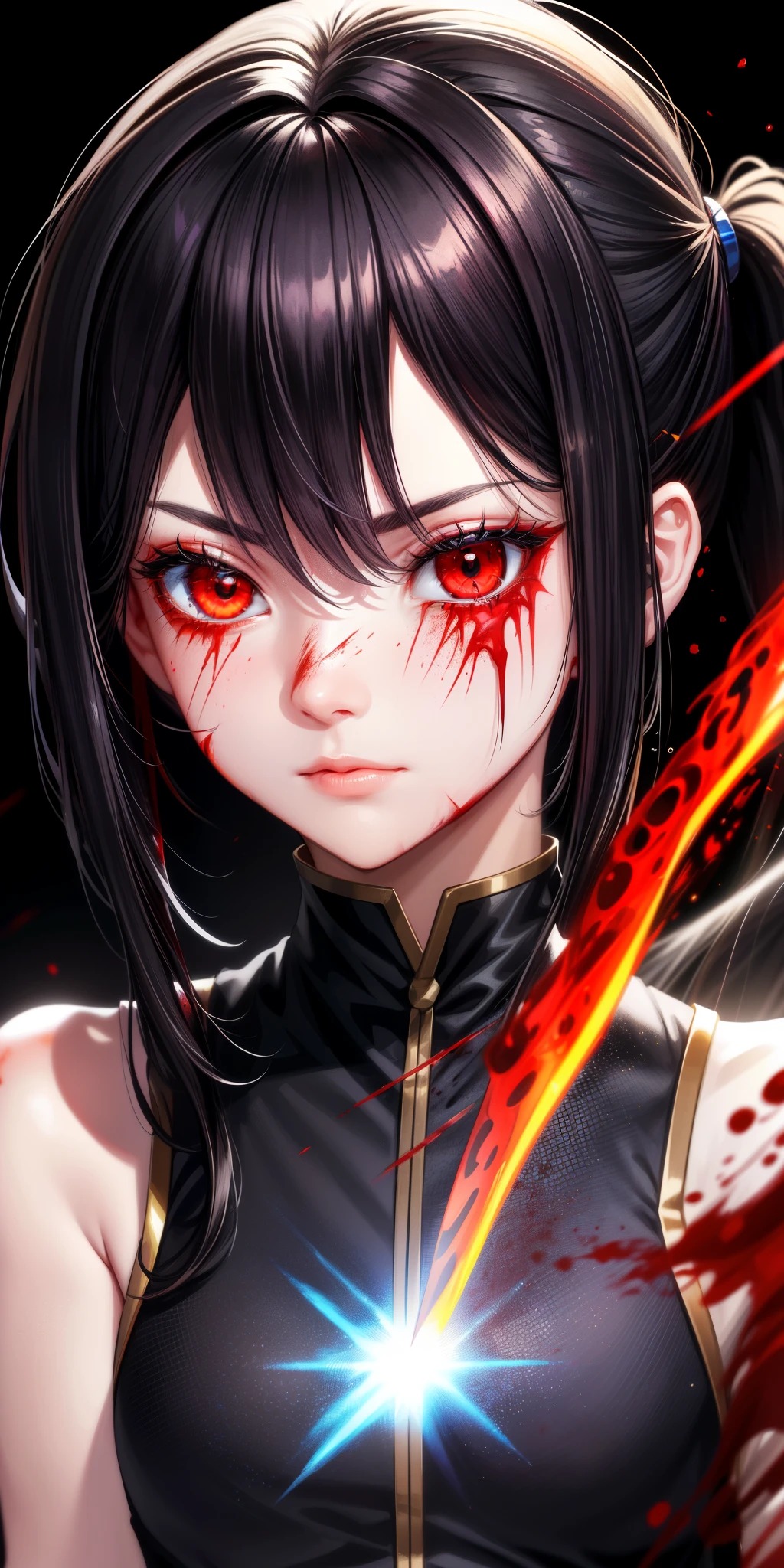 (tmasterpiece:1.2, Best quality at besaborate Eyes: 1.2), (detailedbackground, dark fantacy), (Nice detail face), hight contrast, (best illuminate, Extremely Exquisite Beauty), (电影灯光 )), Colorful, ultra - detailed, Dramatic light, Complicated details, (1 girl, Alone, brunette color hair, sharpy face, Low double ponytail, red eyes, hair between eye, dynamic angle), (blood spatter: 1.4), Rotating black light around character, depth of fields, black light particles broken glass), Magic Array,
