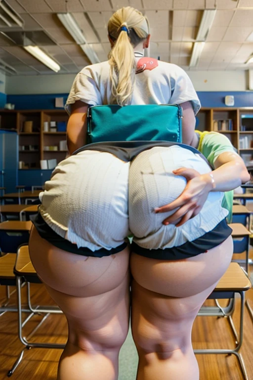 two people, one male, one female, male groping female, classroom setting, girl dressed in shorts and a white top, clothes tight, girl is bent over desk, Girl is voluptuous, wide hips, thick thighs, huge ass, blonde hair, ponytail, big thick ass, juicy ass, she looks surprised, she's blushing, guy is grabbing her ass, guy is groping her ass