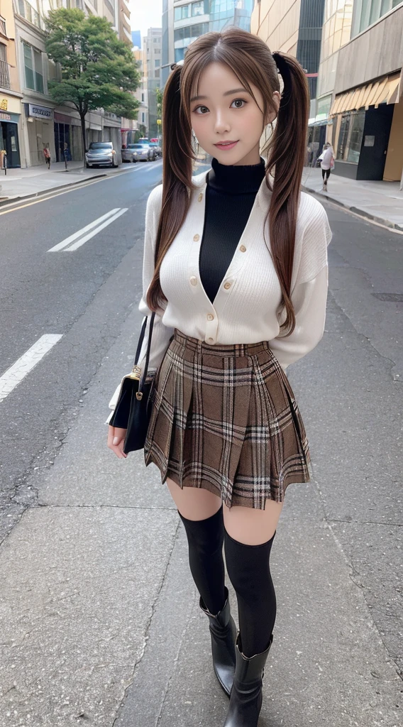 (High quality, High resolution, Ultra-detailed, Realistic:1.37),(low angles)、 (Full Body Pose)、(A full body shot of a girl)、peaceful ambiance, (plein air, In the street)、 ((large twin tails、Scrunchie))、18 year old high school girl standing alone、slender body、small tits、slender waist、Beautiful detailed features, Cute smile, (Brown hair), (Casual Fashion), (Plaid mini skirt), (Black tights)、(tight round boots)、Stretch one leg forward