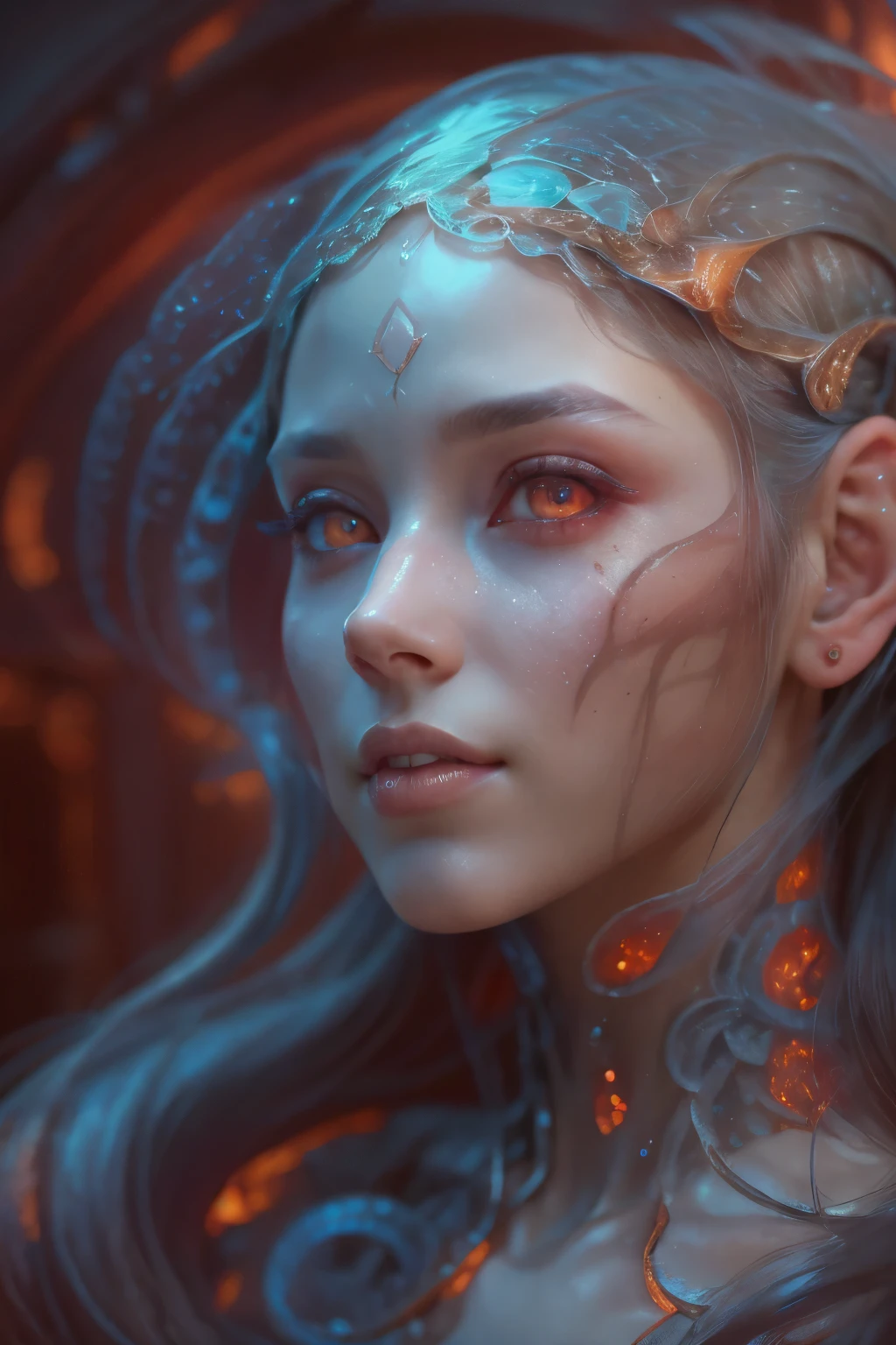 Portrait, (beautiful female alien:1.2),  (There is a female genital-like organ in the middle of the forehead:1.8), (The most beautiful face in the history of the universe:1.2), (scarlet eyes:1.6), (Translucent skin:1.8), an evil gaze that seduces , (red eyes:1.5), Full body like, (sexypose:1.5), alien, No humans, cells are fused, (Lots of translucent tentacles:1.1) (Translucent skin:1.3), extraterrestrial, cell, bio image, 魅惑的, Best Quality, 8K,4K_quality, high definition, Dramatic Lighting, masutepiece:1.5,cinematic quality, detail up, (Intricate details:1.2), high resolution, High Definition, drawing faithfully, (Thick eyebrows:1.2), Beautiful eyes with fine symmetry, (Ultra detailed eyes:1.2),(Highly detailed face and eyes:1.2), (High-resolution red-eye:1.4), Intimate face, (Super detailed skin quality feeling:1.4), Perfect Anatomy,  (Beautiful toned body:1.5),  (Moist skin:1.2), No makeup, (dark circles:1.1), long canines, cinematic drawing of characters, ultra high quality model, cinematic quality, detail up, (Intricate details:1.2), high resolution, High Definition, drawing faithfully, Official art, Unity 8K wall  , 8K Portrait, Best Quality, Very high resolution, ultra detailed artistic photography, midnight aura,  unreal engine 5, Ultra Sharp Focus, art by alberto seveso, ArtGerm, Roisch, intricate artwork, Medusa, best quality, masterpiece, ultra high resolution, (photos realistic：1.4), Ultra-realistic realism, dream-like,  nautilus, Creation of fantasy, Snail, Dream Snail,  biopunk nautilus, thrilling color schemes， Ultra-realistic realism， seductively smiling, blue tentacles