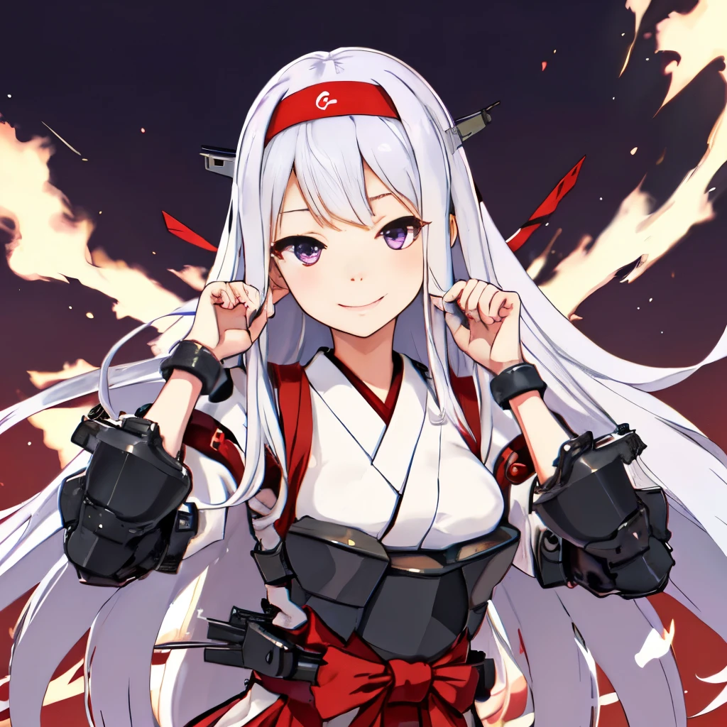 Best Quality, masutepiece, hight resolution, Solo, {_Shokaku _Kantai Collection:1.15}, long_hair, White_hair, purple_Eyes, muneate, tasuki, Smile, 1girl in , Japanese_Clothes, distortion,Red Hachimaki , outstretched_Highly detailed arms、extremely detailed eye、extra detailed face、Insanely detailed body、Insanely detailed skin bewitching expression backrooms big bust