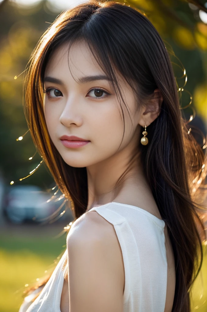 (Photoreal Stick:1.5, masutepiece:1.5, 8K), (top-quality, masterpiece, 超A high resolution), (Face Sharp Focus:1.5), Professional camera work:1.2, Highly detailed skin and facial texture:1.3, Grow Light Effect, The ultra-detailliert:1.3, 1girl in, Fair skin, (Sense of clarity:1.5), Extremely beautiful face:1.3, Sense of clarityを感じる目:0.9, looking distantly, Enraptured look:1.0, i love you completely:0.8, slightly open mouth:0.4, Sense of clarityを感じる口当たり:0.7, 二重まぶた, Dark brown medium hair, necklace and earrings, looking at viewert, (Intense sunlight:1.3, sunlight shining from behind:1.3, Strong sunlight spreads across the screen:1.4)