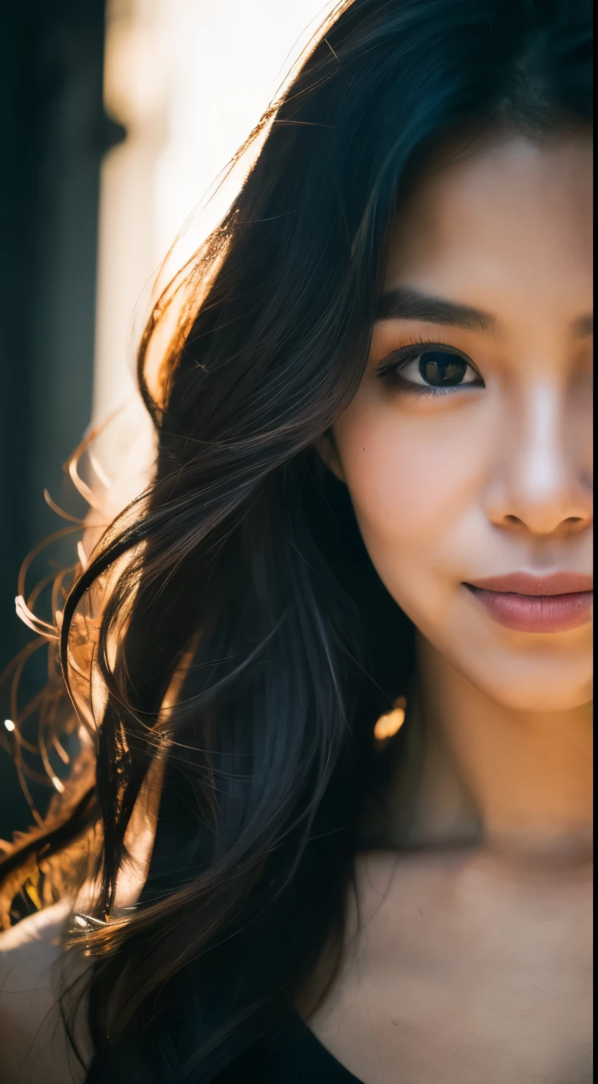 highest quality, epic realistic, ((in the pitch black darkness :1.4)), ((portrait:1.5)),(background: dark ) high contrast ,glorious picture, lowest lux, lighting face, she's comfortable, wearing nothing, , looks incredible, (8k, Raw photo, Highest quality),(epic realistic:1.5), a woman, face,(detailed eyes:0.8),(looking at the camera:1.4), (Highest quality), ( high contrast, deep shadows),Intricate details,cinematic,((skin:1.4)), (long dark hair:1.3), long hair, messy ,(Hdr:1.5),Detailed, colors, Superior quality, Masterpiece, Raw Photo (20-year-old, looking at viewer), beautiful, (wearing plain yellow shirt,), perfect, natural, perfect composition, portrait, perfect face, smiling expression, Captivating eyes, Bright details, Tight lips, (High Skin Detail),, (blue tint: 0.6), (sale: 0.8), (bloody: 0.7), Key lighting , (backlight: 0.5), Medium depth of field, Canon 5d, 50mm lens, f/4 apertures, (Ultra-detailed, Complex detail), sharp focus, soft colors, 8k, Absurd, 80mm, dark background, photography, smiling, pinay, filipina, medium boobs,