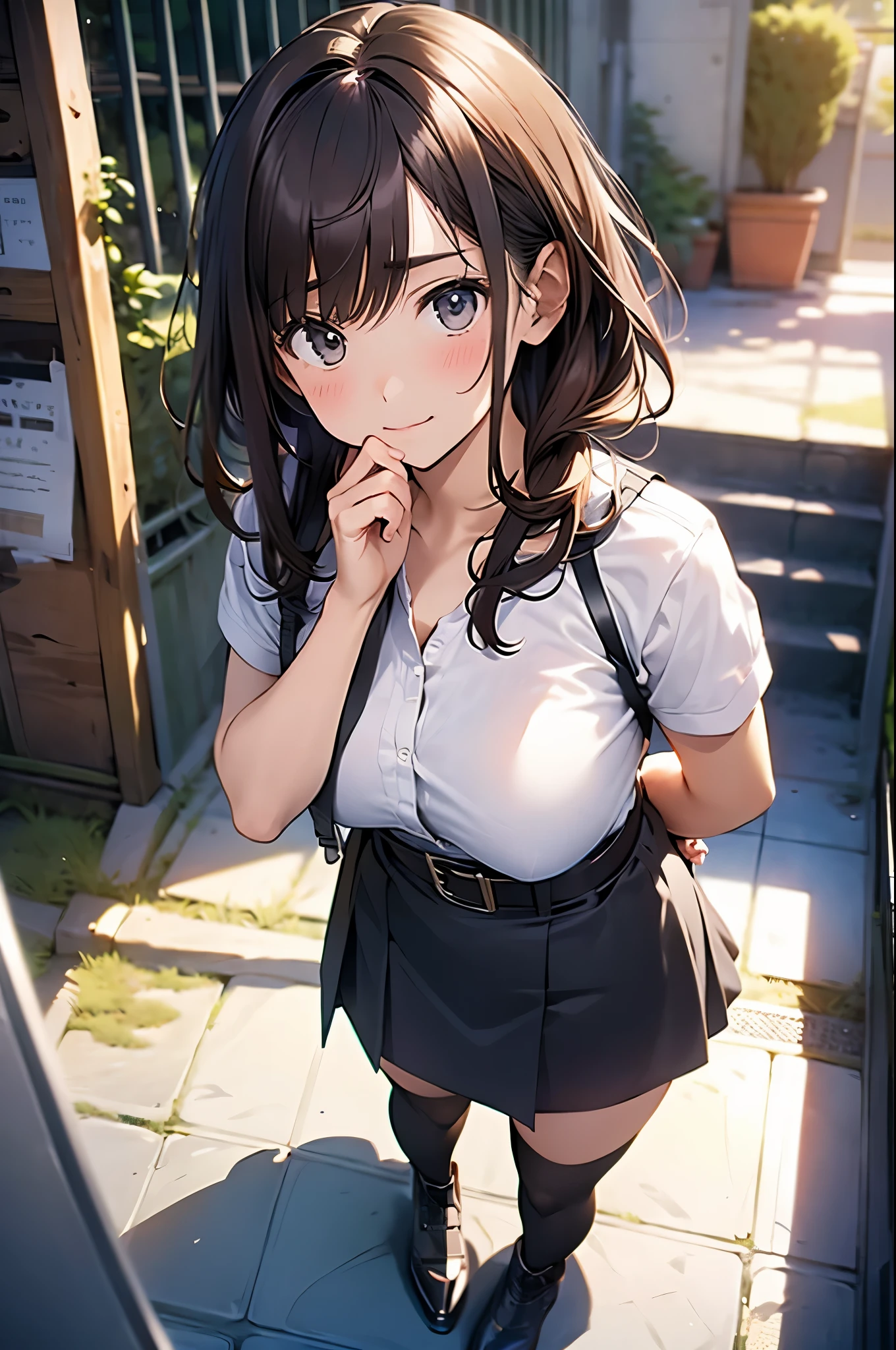 Brown hair、watching at viewers black suspenders Bulging big breasts walls: Black miniskirt garters Gaze Small face bangss holster Beautuful Women hands up レッグholster ベッドに横たわる Gaze black boots panty shot provocation flank flank汗 soio arm inside of a car Fold your hands behind your back a belt