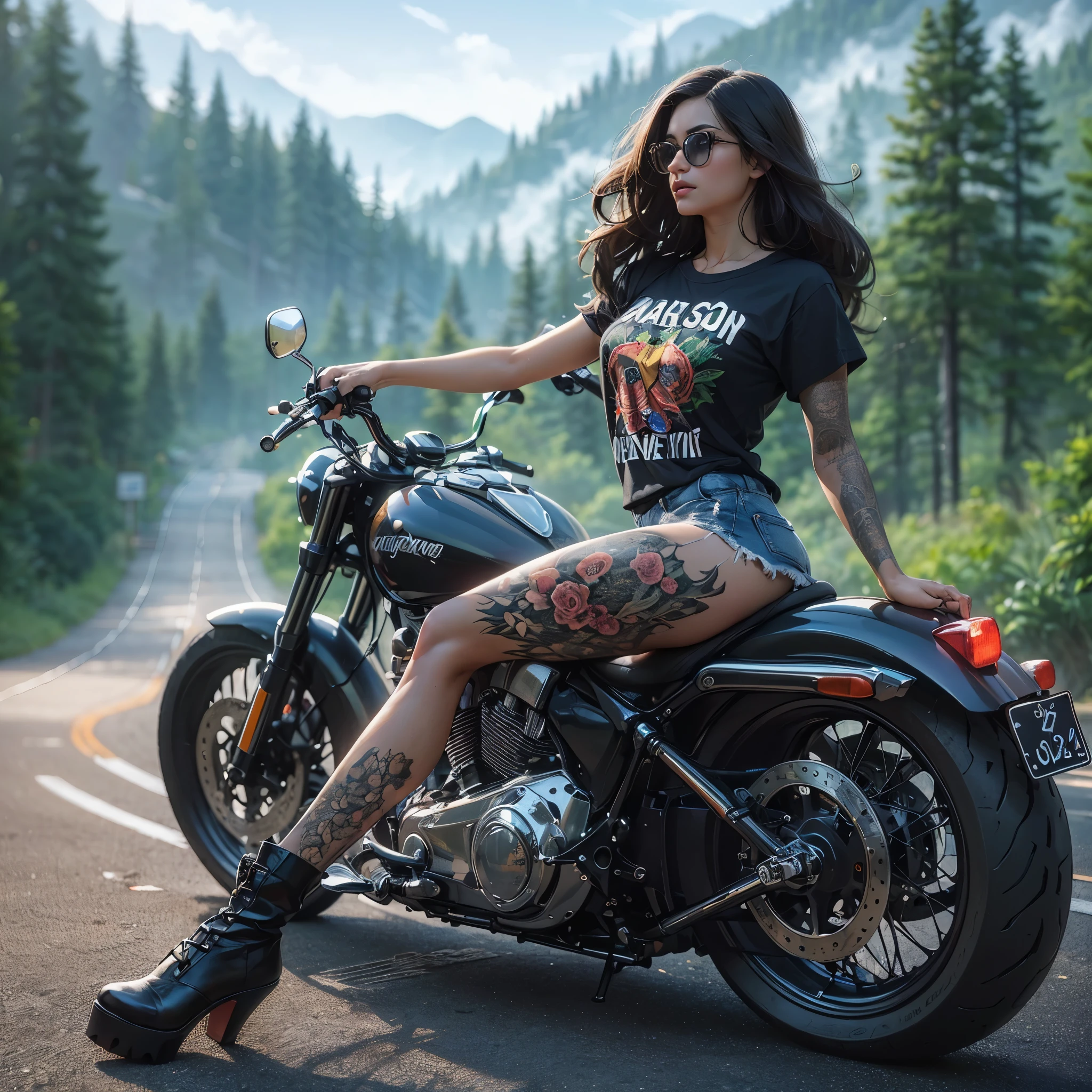 woman with tattoos sitting on a motorcycle on a road, motorcycle, motorcycles, harley queen, harley davidson, realism art style, sitting on a motorcycle, tattoo style, biker, hyperrealism artstyle, extremely high quality artwork, realism style, realistic artwork, realistic art style, picture of a female biker, indian, profile pic, ultra high quality model, ultra realistic picture, masterpiece, best quality:1.2),,(8k,highres,RAW photo,realistic,photo-realistic:1.3),(detailed skin texture,detailed cloth texture,beautiful detailed face:1.25),professional lighting,photon mapping,beautiful soft light,radiosity,physically-based rendering,raytracing, model shoot style, model shoot style, (extremely detailed CG unity 8k wallpaper), full shot body photo of the most beautiful artwork in the world,