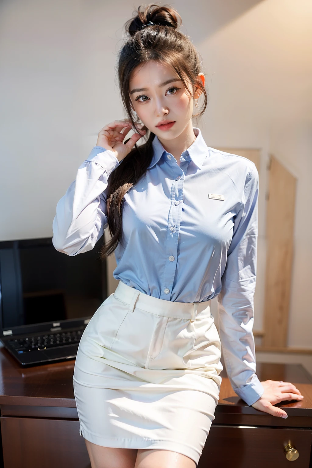 ((Best quality at best)), ((tmasterpiece)), (Detailed pubic hair), The background is in the business center，natural classic face，Talking with microphone in hand，long sleeve work uniform，Hair tied up，中景 the scene is