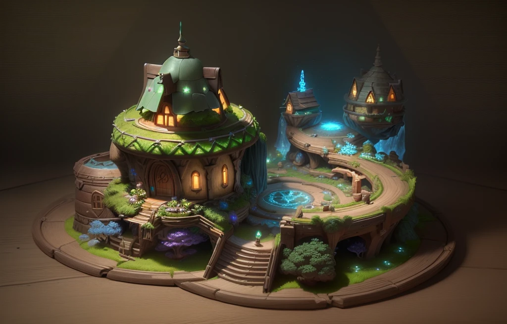 masterpiece, best quality, (extremely detailed CG unity 8k wallpaper), (best quality), (best illustration), (best shadow),（ A mushroom house covered with moss）,(((Fantasy))),(((spirit))),(((dew))),（timbo）,（creek）,firefly,clover,starlight surrounds the room，petal, isometric 3D, octane render,ray tracing,ultra detailed，