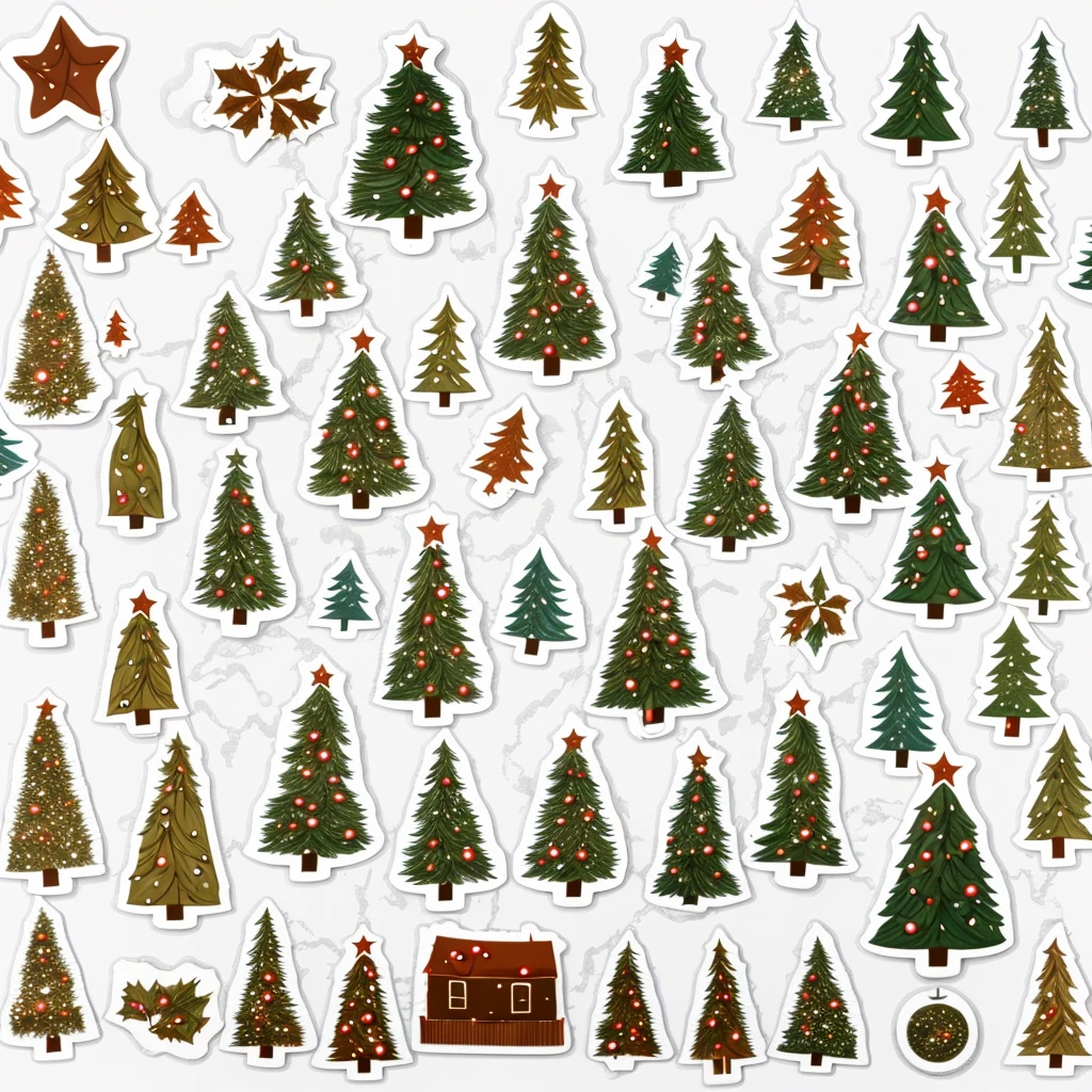 9 Beautifully Decorated Small Christmas Tree Stickers Highest Quality,4K,8K,A high resolution,tmasterpiece:1.2),ultra - detailed, Stunning designs in different color styles, detailed and lifelike professional art tmasterpiece sticker pack, Set on white background