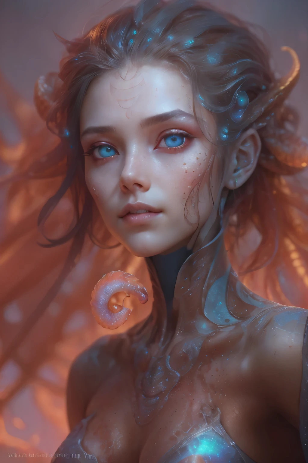 Portrait, (beautiful female alien:1.2),  (There is a female genital-like organ in the middle of the forehead:1.8), (The most beautiful face in the history of the universe:1.2), (scarlet eyes:1.6), (Translucent skin:1.8), an evil gaze that seduces , (red eyes:1.5), Full body like, (sexypose:1.5), alien, No humans, cells are fused, (Lots of translucent tentacles:1.1) (Translucent skin:1.3), extraterrestrial, cell, bio image, 魅惑的, Best Quality, 8K,4K_quality, high definition, Dramatic Lighting, masutepiece:1.5,cinematic quality, detail up, (Intricate details:1.2), high resolution, High Definition, drawing faithfully, (Thick eyebrows:1.2), Beautiful eyes with fine symmetry, (Ultra detailed eyes:1.2),(Highly detailed face and eyes:1.2), (High-resolution red-eye:1.4), Intimate face, (Super detailed skin quality feeling:1.4), Perfect ???????,  (Beautiful toned body:1.5),  (Moist skin:1.2), No makeup, (dark circles:1.1), long canines, cinematic drawing of characters, ultra high quality model, cinematic quality, detail up, (Intricate details:1.2), high resolution, High Definition, drawing faithfully, Official art, Unity 8K wall  , 8K Portrait, Best Quality, Very high resolution, ultra detailed artistic photography, midnight aura,  unreal engine 5, Ultra Sharp Focus, art by alberto seveso, ArtGerm, Roisch, intricate artwork, Medusa, best quality, masterpiece, ultra high resolution, (photos realistic：1.4), Ultra-realistic realism, dream-like,  nautilus, Creation of fantasy, Snail, Dream Snail,  biopunk nautilus, thrilling color schemes， Ultra-realistic realism， seductively smiling, blue tentacles
