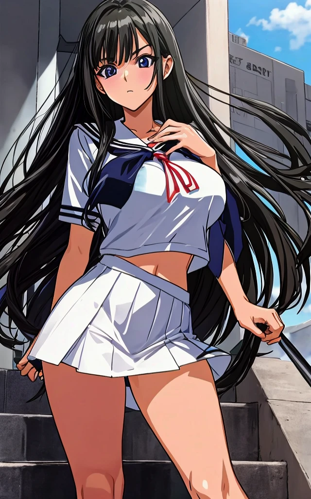 A beautiful woman with long black hair, big breasts, beautiful legs, and a sharp face is standing on the stairs in a sailor uniform with a white miniskirt, showing off her light blue and blue striped panties.。