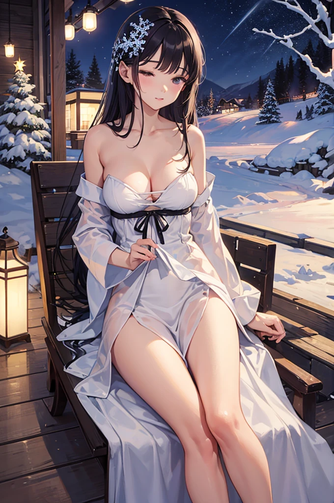 ((bestquality)), ((masterpiece)), (Detailed), perfect face,The most beautiful and cute Thai girl,Very long hair, lavender purple.,Sleeping naked,christmas festival,white snow
