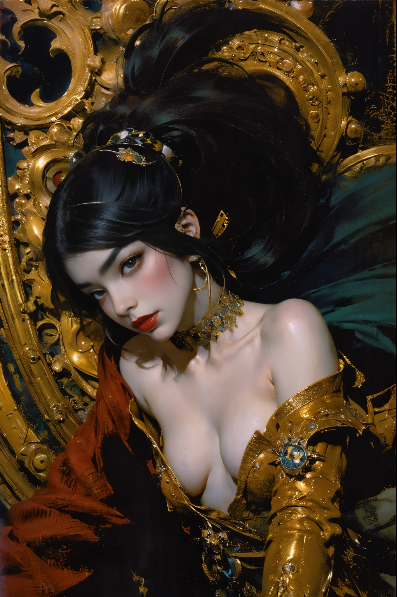 Mono Color,weight,NSFW,The upper part of the body,A nude devil woman with a black and white body stocking dress holding a red lip stick,Satan,succubi,eBlue eyes,Clothes detailed patterns,lacivious pose,spread legitimacy,Detailed Gothic background,dark fantasy background,Inspired by Robert McGinnis, Inspired by Gretel Stern, Takato Yamamoto’s style, Guido Crepax, Guido Crepax-style, Amano, Vanya Zoravlev, inspired by Leonor Fini, long tail hairy, Inspired by Takato Yamamoto.Inspired by Klimt and Mucha. beautidful eyes, beautiful detailed lips, Extremely detailed eyes and face, Long eyelash quality:1.2), ultra - detailed, (actual:1.37), oil painted, Color contrast, A high resolution, Black and white dress, red lip stick, Inspired by Robert McGinnis, Inspired by Gretel Stern, Yamamoto Takashi style, Guido Crepax style, Amano-inspired, Vanya Zoravlev-inspired, Leonor Fini'inspired, long tail hairy-inspired, Inspired by Takato Yamamoto, Vibrant colors, dramatic lights, eye-catching composition, fun atmosphere, Feminine elegance.Faki,oil painted,Impresionismo