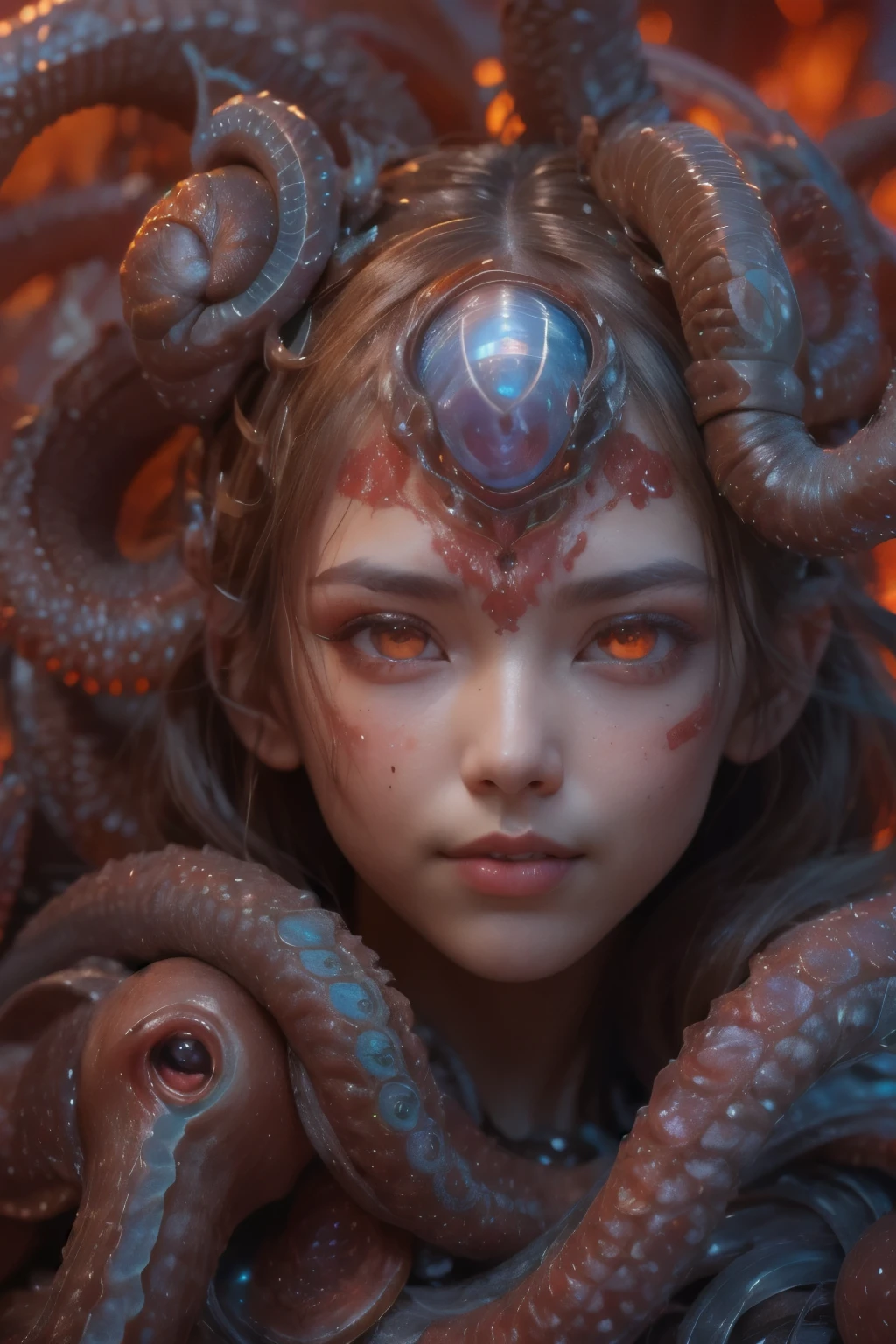 Portrait, (beautiful female alien:1.2), (There is a female genital-like organ in the middle of the forehead:1.8), (The most beautiful face in the history of the universe:1.2), (scarlet eyes:1.6), (Translucent skin:1.8), an evil gaze that seduces , (red eyes:1.5), Full body like, (sexypose:1.5), alien, No humans, cells are fused, (Lots of translucent tentacles:1.1) (Translucent skin:1.3), extraterrestrial, cell, bio image, 魅惑的, Best Quality, 8K,4K_quality, high definition, Dramatic Lighting, masutepiece:1.5,cinematic quality, detail up, (Intricate details:1.2), high resolution, High Definition, drawing faithfully, (Thick eyebrows:1.2), Beautiful eyes with fine symmetry, (Ultra detailed eyes:1.2),(Highly detailed face and eyes:1.2), (High-resolution red-eye:1.4), Intimate face, (Super detailed skin quality feeling:1.4), Perfect Anatomy, (Beautiful toned body:1.5), (Moist skin:1.2), No makeup, (dark circles:1.1), long canines, cinematic drawing of characters, ultra high quality model, cinematic quality, detail up, (Intricate details:1.2), high resolution, High Definition, drawing faithfully, Official art, Unity 8K wall , 8K Portrait, Best Quality, Very high resolution, ultra detailed artistic photography, midnight aura, unreal engine 5, Ultra Sharp Focus, art by alberto seveso, ArtGerm, Roisch, intricate artwork, Medusa, best quality, masterpiece, ultra high resolution, (photos realistic:1.4), Ultra-realistic realism, dream-like, nautilus, Creation of fantasy, Snail, Dream Snail, biopunk nautilus, thrilling color schemes, Ultra-realistic realism, seductively smiling, blue tentacles