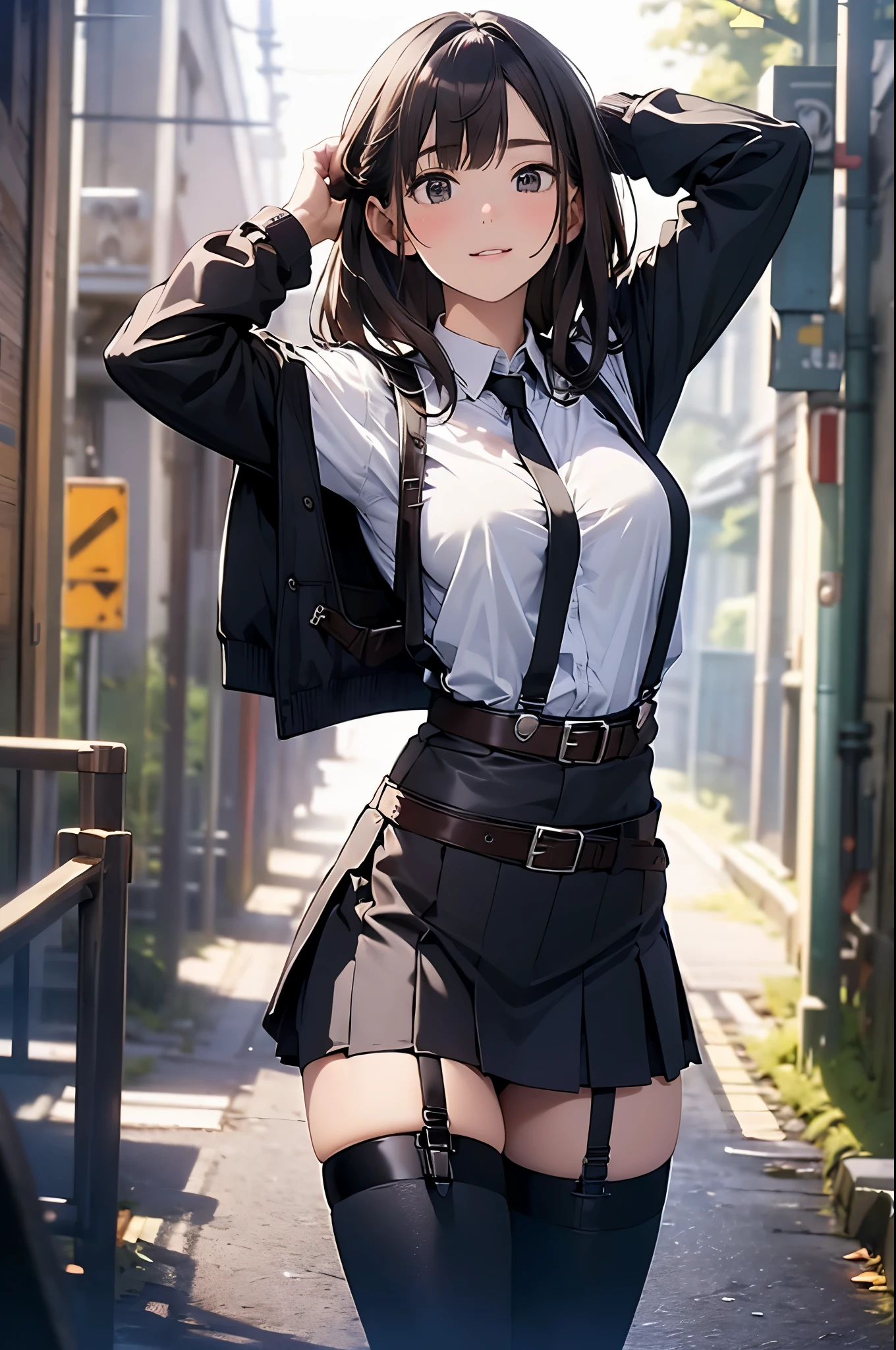 Suit,Collared shirt,Belt bag,Suspenders black mini skirt garterbelts knee high Stockings Black Niso Colorcon armpit sweat perspiring Side of both hands,Black jacket,Gaze,ample bosom,Armpit sweat,Exposing the armpits"Tight clothes handcuffs