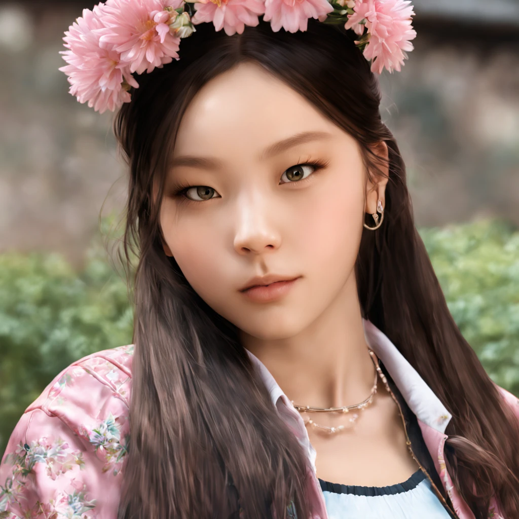 yeji, a woman, (upper body:1.2), 1girl, (looking at viewer:1.3), (schoolgirl jacket), (flower crown), ( background), natural skin color, (closed mouth:1.2), (medium breast), floating hair, beautiful expression, face detailed, eyes detailed, iris detailed, masterpiece, best quality, photorealistic, hyper realistic, ultra detailed, perfect lighting, depth of field, shadows, highres,