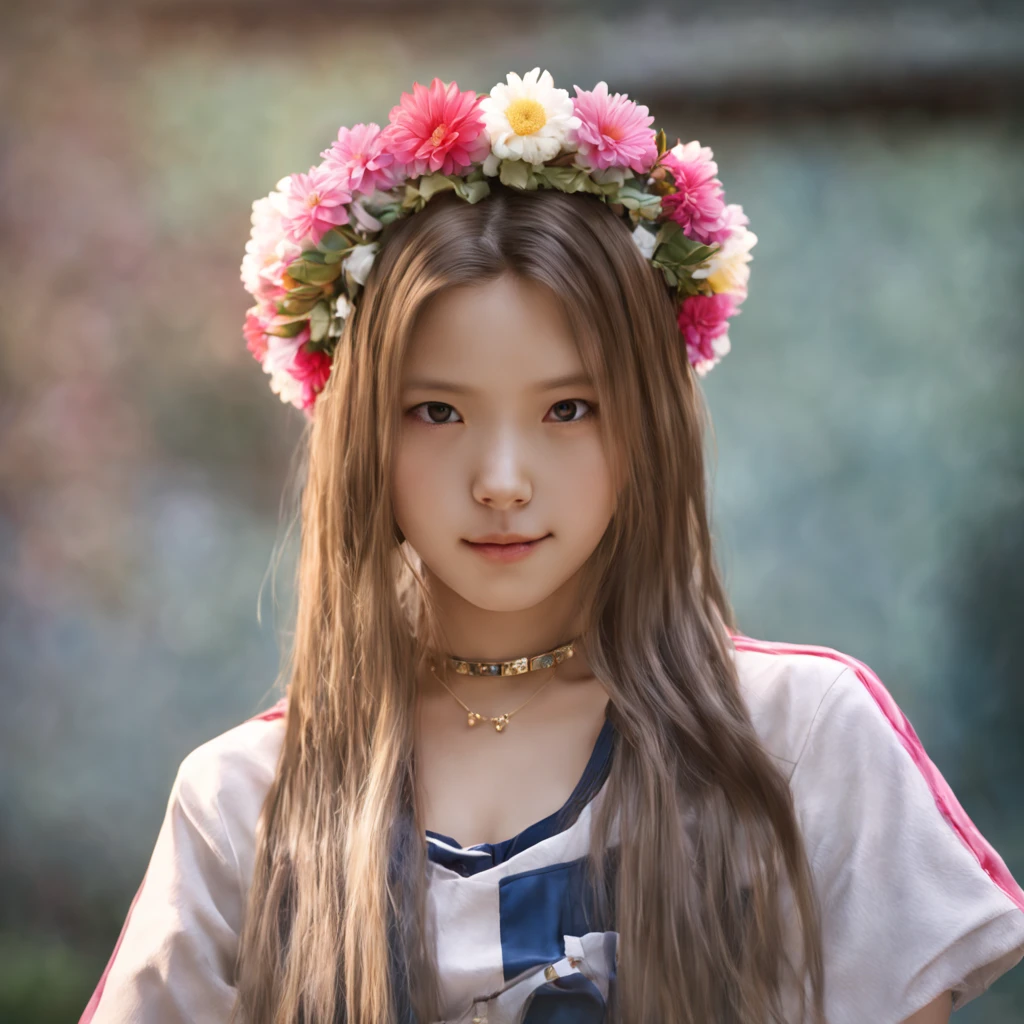 yeji, a woman, (upper body:1.2), 1girl, (looking at viewer:1.3), (schoolgirl jacket), (flower crown), ( background), natural skin color, (closed mouth:1.2), (medium breast), floating hair, beautiful expression, face detailed, eyes detailed, iris detailed, masterpiece, best quality, photorealistic, hyper realistic, ultra detailed, perfect lighting, depth of field, shadows, highres,