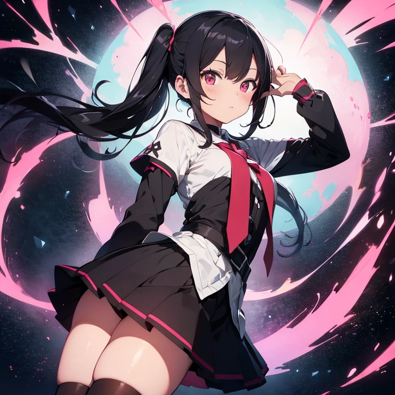 Magical girl, black twintail hair, skirt and stockings, vibrant pink black and white colors, white snakes lineart on clothes, staff in hand, bored and skeptical expression
