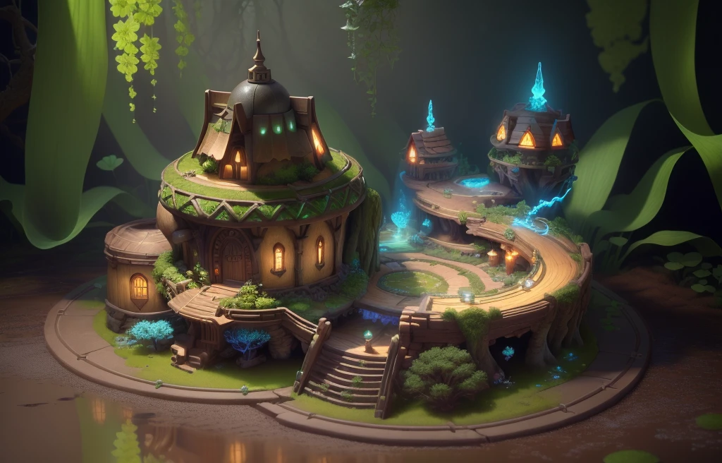 masterpiece, best quality, (extremely detailed CG unity 8k wallpaper), (best quality), (best illustration), (best shadow),( A mushroom house covered with moss),(((Fantasy))),(((spirit))),(((dew))),(timbo),(creek),firefly,clover,starlight surrounds the room,petal, isometric 3D, octane render,ray tracing,ultra detailed,