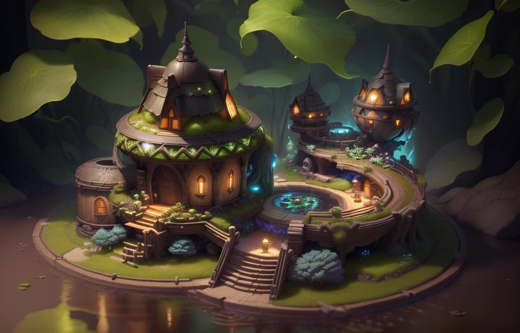 masterpiece, best quality, (extremely detailed CG unity 8k wallpaper), (best quality), (best illustration), (best shadow),( A mushroom house covered with moss),(((Fantasy))),(((spirit))),(((dew))),(timbo),(creek),firefly,clover,starlight surrounds the room,petal, isometric 3D, octane render,ray tracing,ultra detailed,