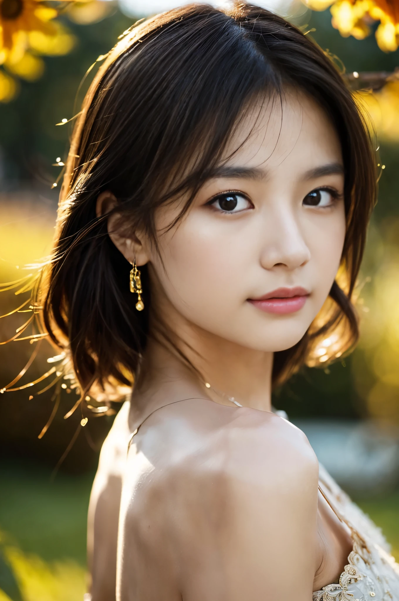 (Photoreal Stick:1.5, masutepiece:1.5, 8K), (top-quality, ​masterpiece, 超A high resolution), (Face Sharp Focus:1.5), Professional camera work:1.2, Highly detailed skin and facial texture:1.3, Grow Light Effect, The ultra-detailliert:1.3, 1girl in, Fair skin, (Sense of clarity:1.5), Extremely beautiful face:1.3, Sense of clarityを感じる目:0.9, looking distantly, Enraptured look:1.0, i love you completely:0.8, slightly open mouth:0.4, Sense of clarityを感じる口当たり:0.7, 二重まぶた, Dark brown medium hair, necklace and earrings, looking at viewert, (Intense sunlight:1.3, sunlight shining from behind:1.3, Strong sunlight spreads across the screen:1.4)