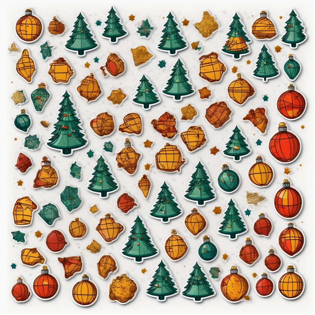 9 Beautifully Decorated Christmas Tree Stickers Highest Quality,4K,8K,A high resolution,tmasterpiece:1.2),ultra - detailed, Stunning designs in different color styles, detailed and lifelike professional art tmasterpiece sticker pack, Set on white background