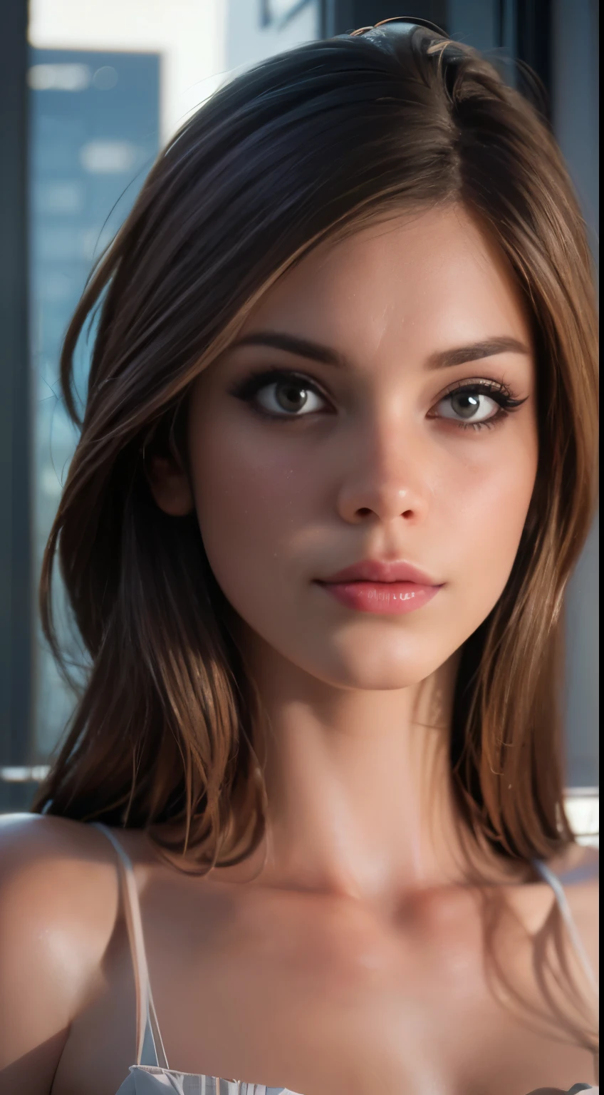 photo of Little Caprice, RAW, beautiful woman, ((portrait)), ((detailed face:1.2)), ((detailed facial feature, detailed skin, clear skin), (perfect proportioned body), (wearing a colorful sexy dress) (high detailed city environment, apartment balcony), (realistic photo, best quality, detailed), (8k wallpaper), (cinematic lighting, dramatic lighting) (sharp focus, intricate)