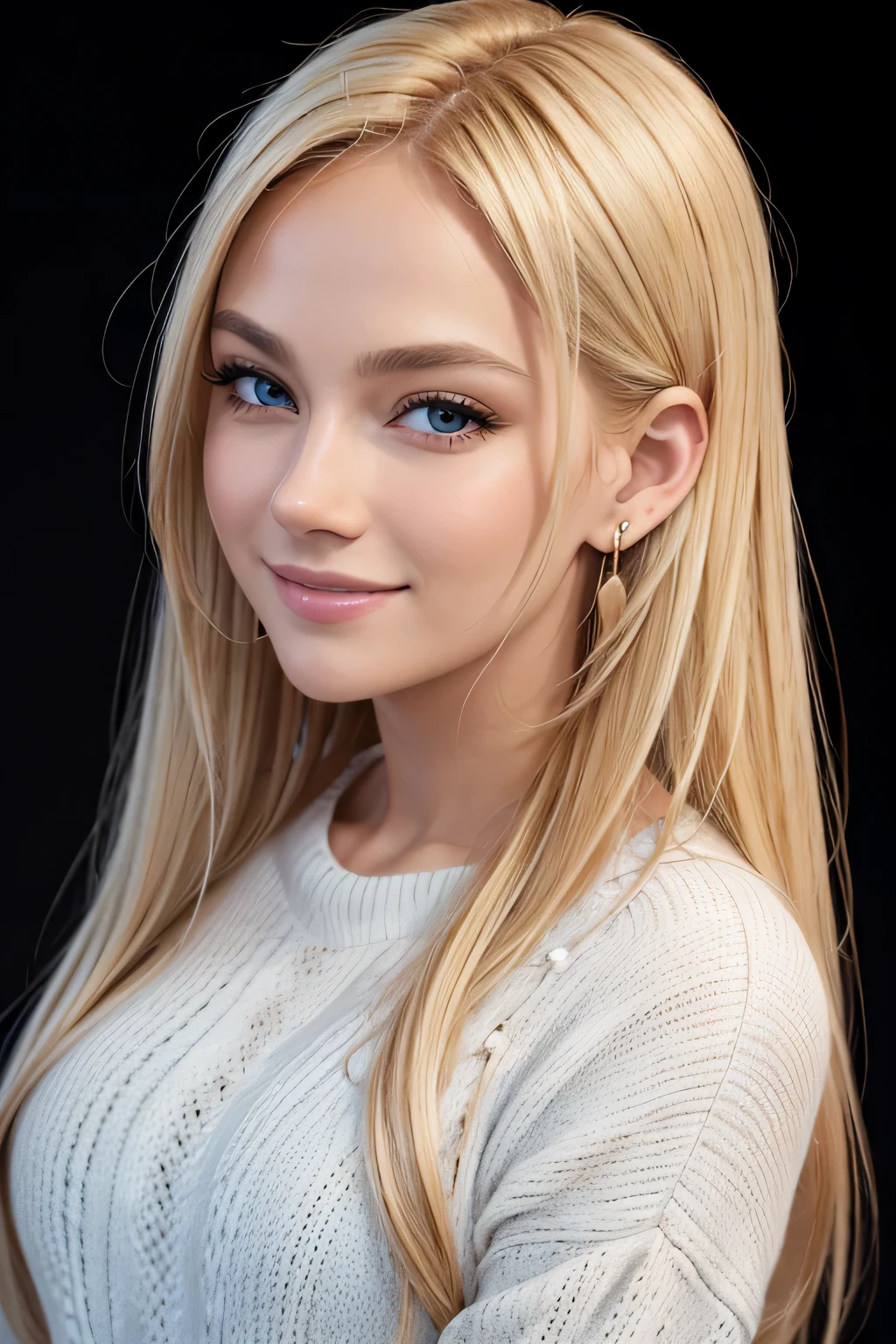 (Best Quality,hight resolution,Ultra-detailed),Professional,Detailed Face,longue blonde hair,Smiling,耳环,Lightweight sweater,Work office,Black background